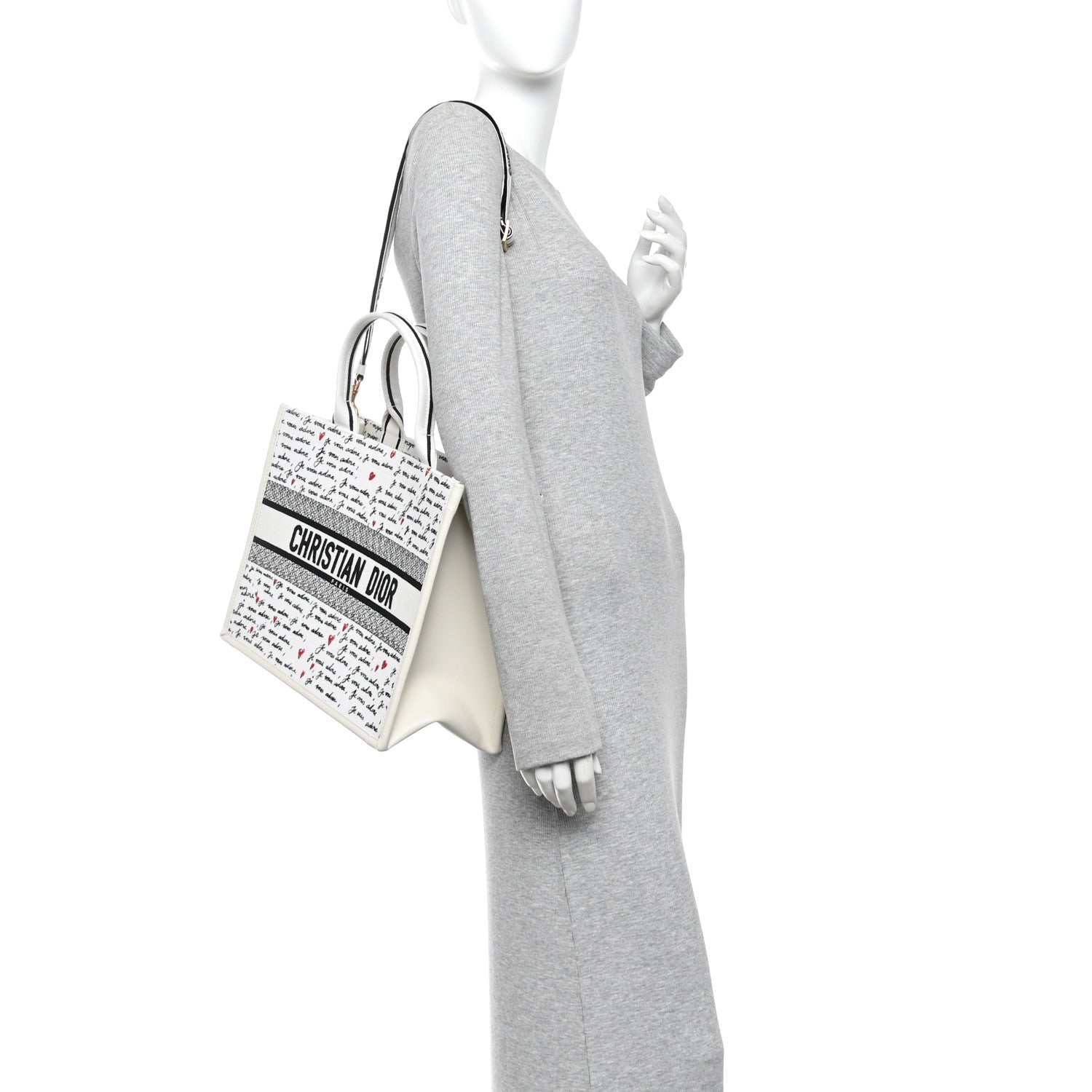 Calfskin Canvas Embroidered Medium Dioramour Je Vous Adore Book Tote With Strap White Black Red — view 2