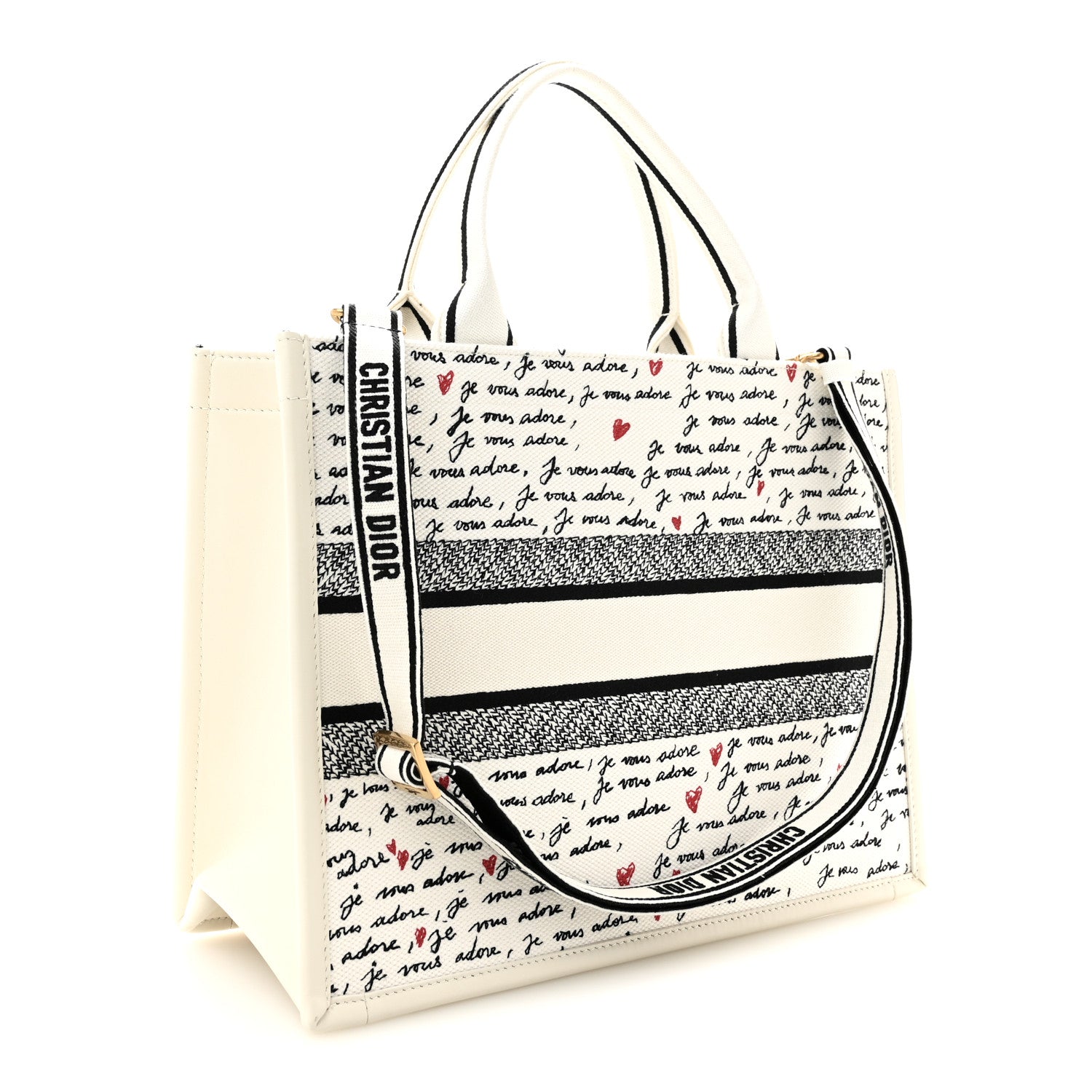 Calfskin Canvas Embroidered Medium Dioramour Je Vous Adore Book Tote With Strap White Black Red — view 3