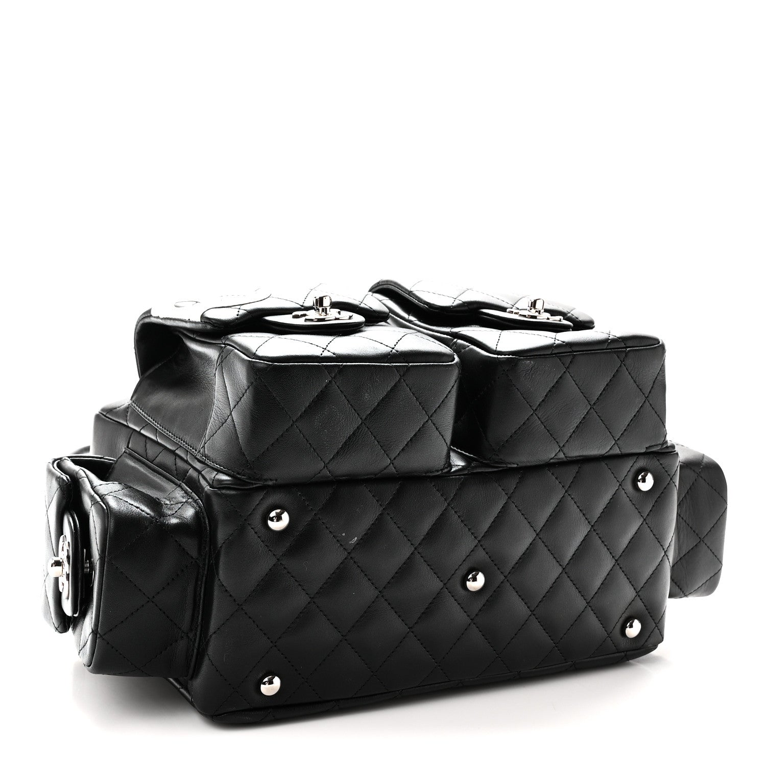 Calfskin Quilted Small Cambon Multipocket Reporter Black White — view 4
