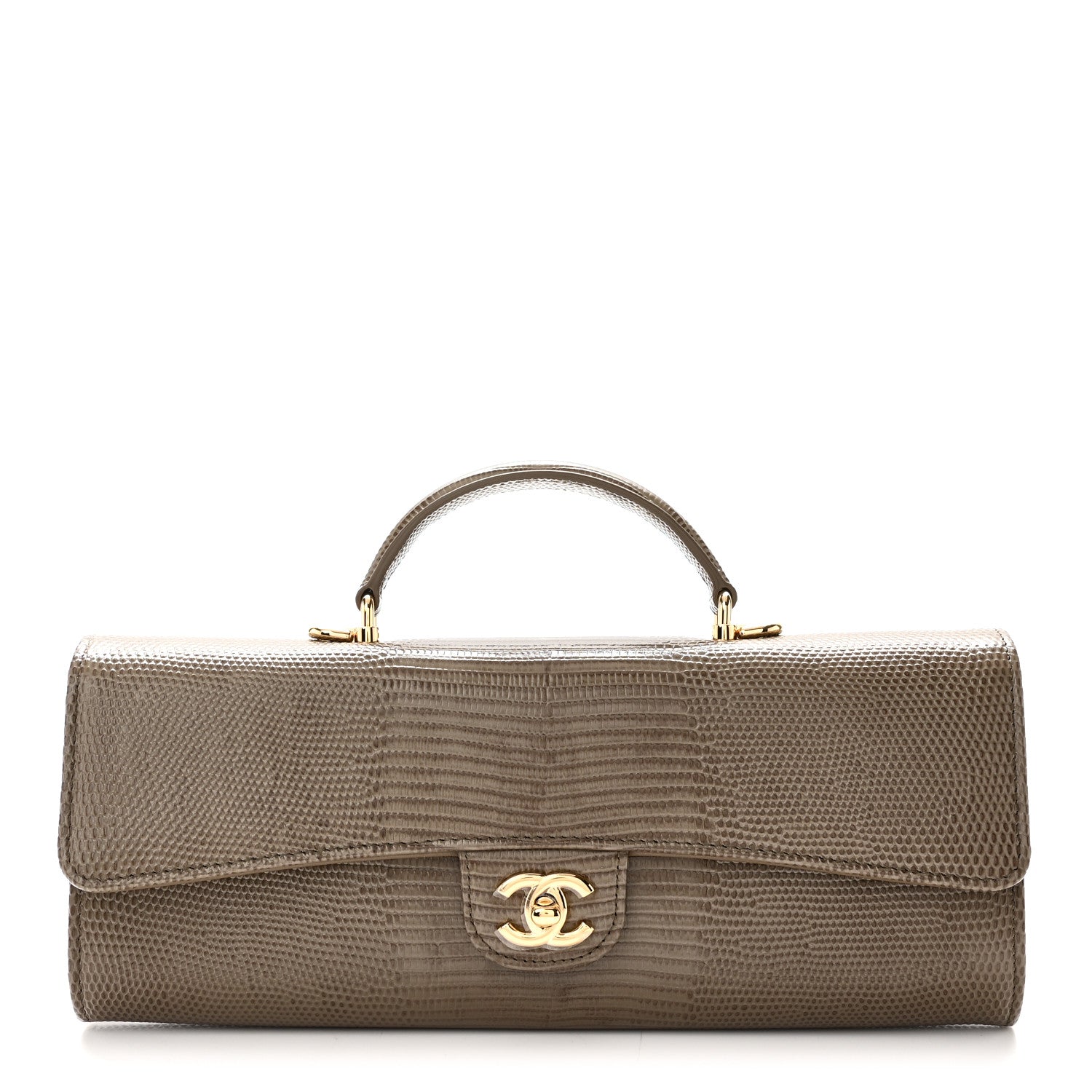 Calfskin Lizard Embossed Top Handle Long Clutch With Chain Dark Khaki