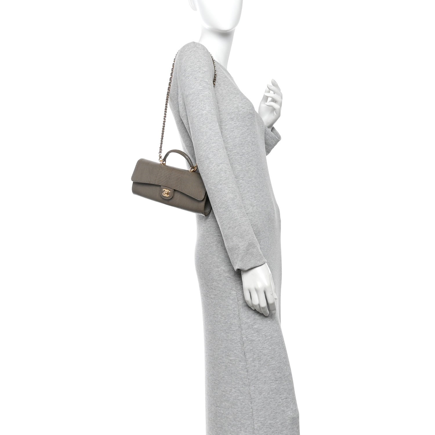 Calfskin Lizard Embossed Top Handle Long Clutch With Chain Dark Khaki — view 2