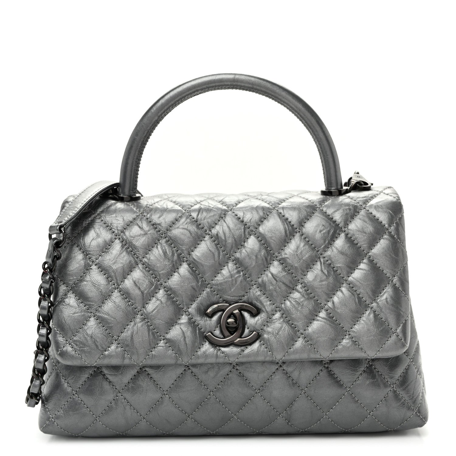 Metallic Aged Calfskin Quilted Small Coco Handle Flap Charcoal