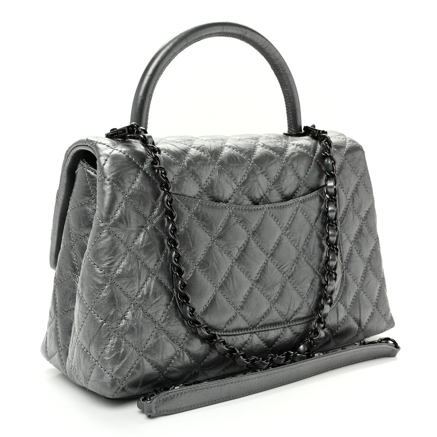 Metallic Aged Calfskin Quilted Small Coco Handle Flap Charcoal — view 2