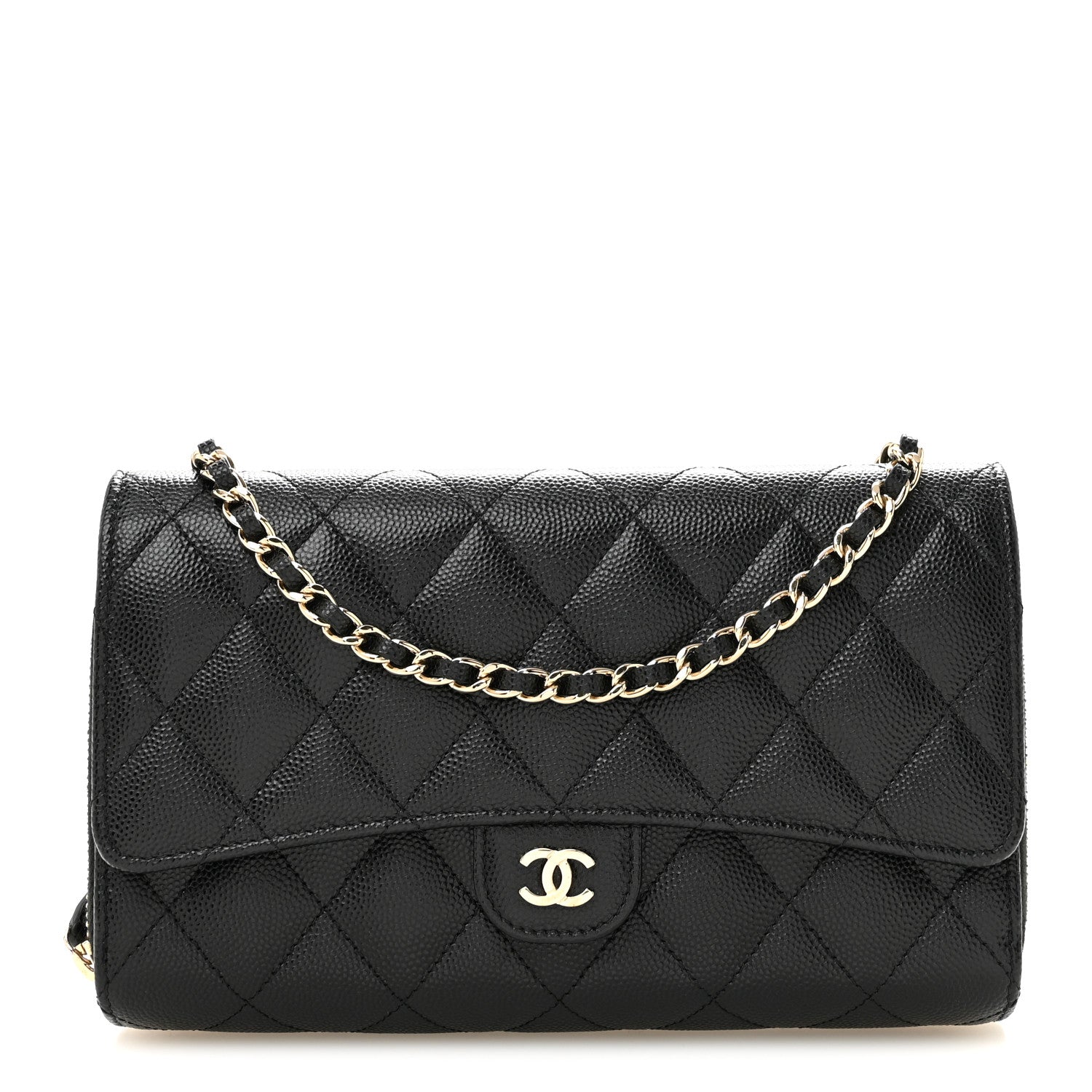 Caviar Quilted Phone Holder Wallet on Removable Chain Black