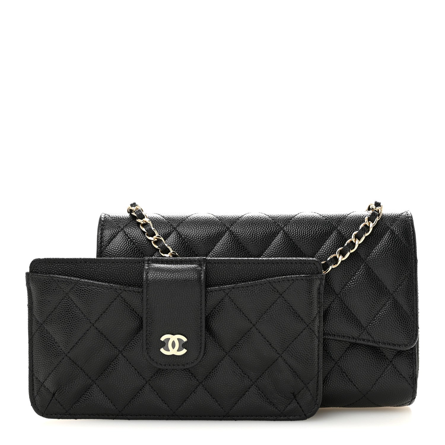 Caviar Quilted Phone Holder Wallet on Removable Chain Black — view 3