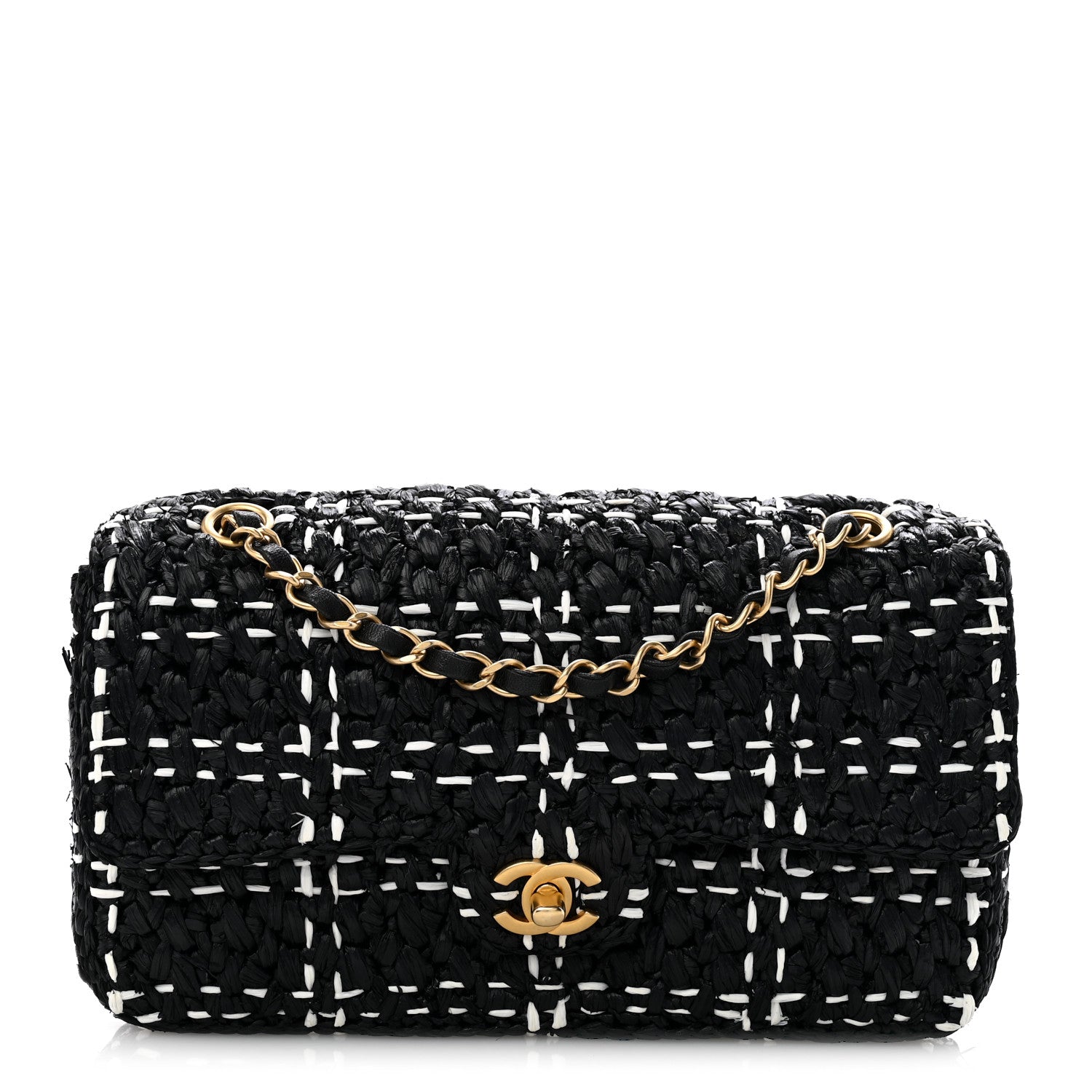 Raffia Effect Medium Tweedy Flap Bag Black White