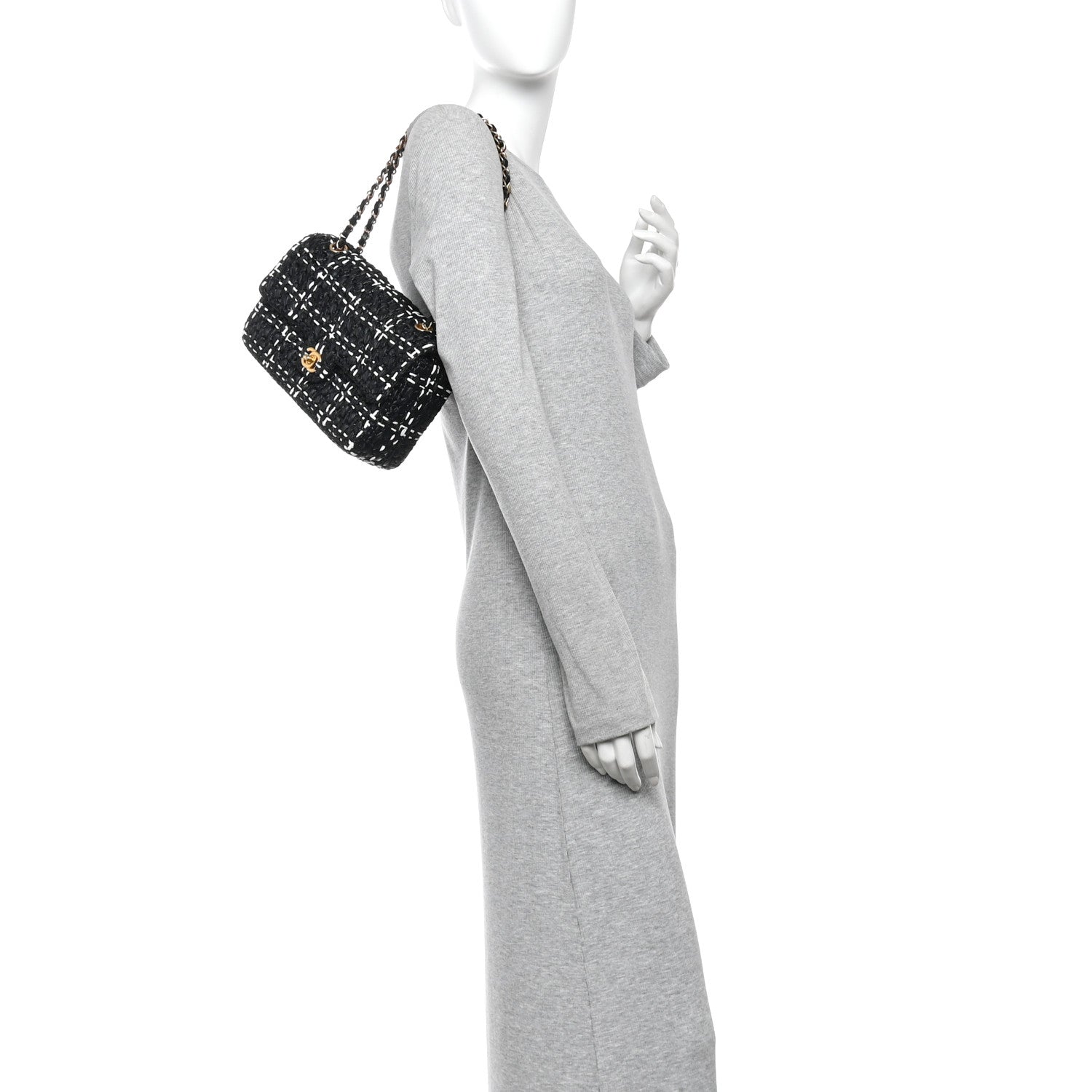 Raffia Effect Medium Tweedy Flap Bag Black White — view 2