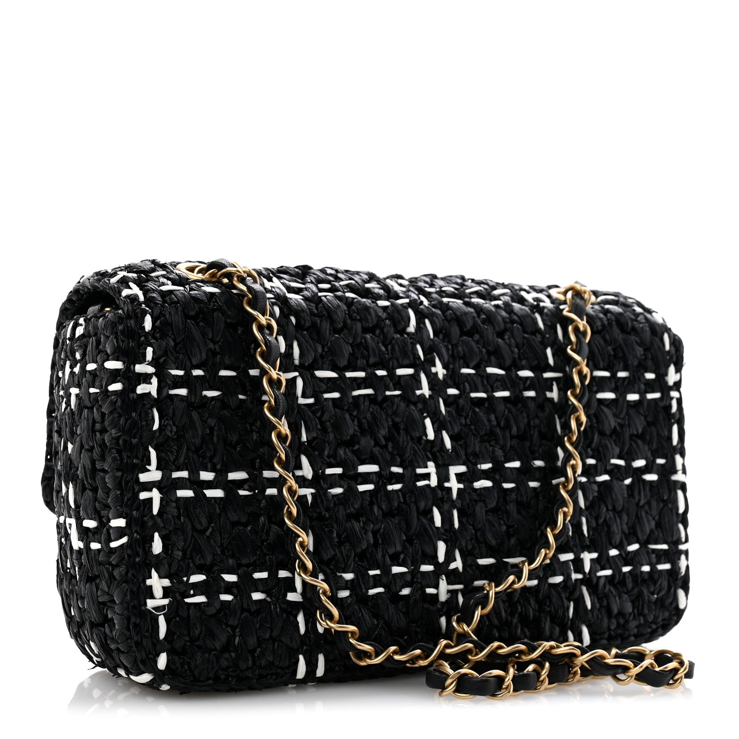 Raffia Effect Medium Tweedy Flap Bag Black White — view 3