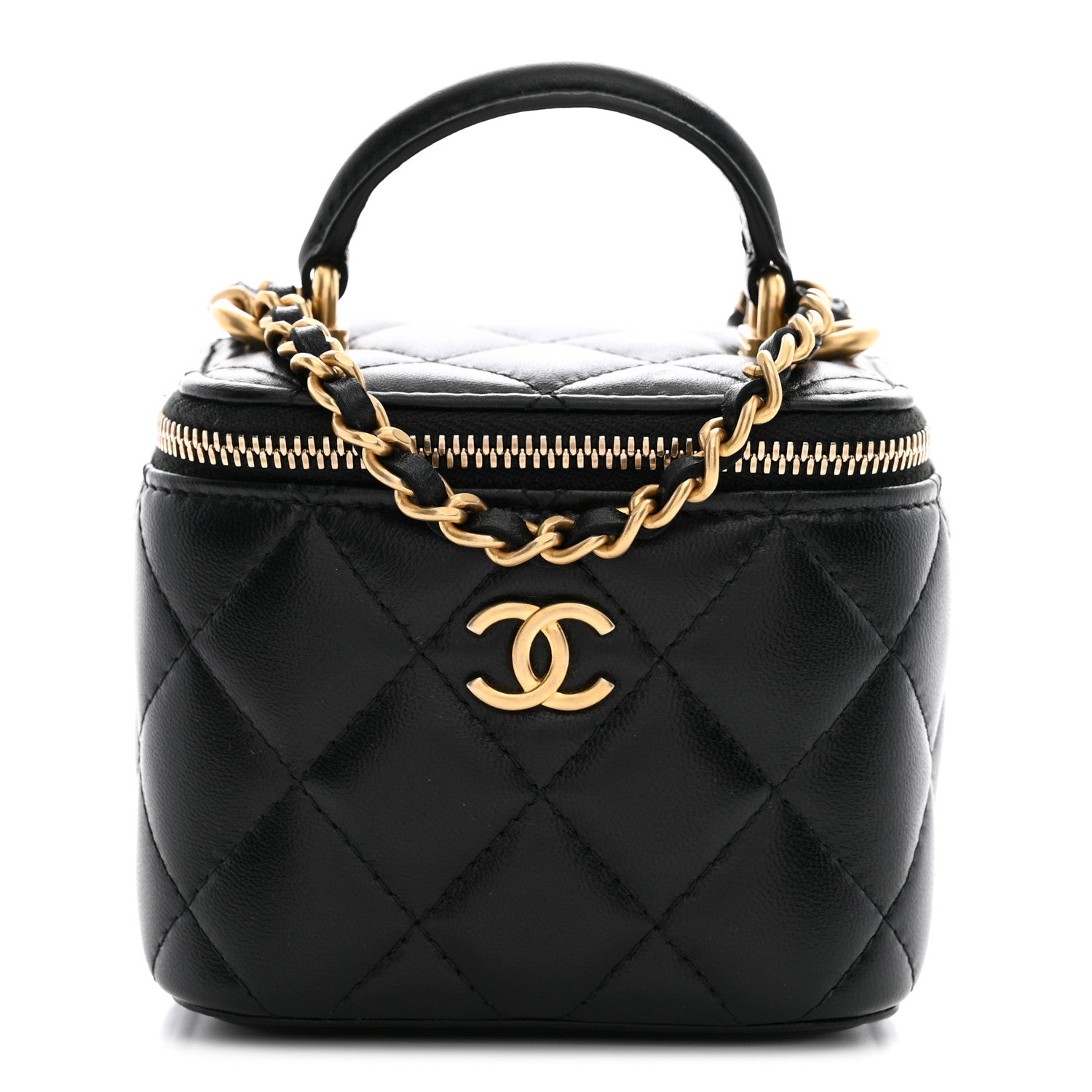 Lambskin Quilted Top Handle Mini Vanity Case With Chain Black