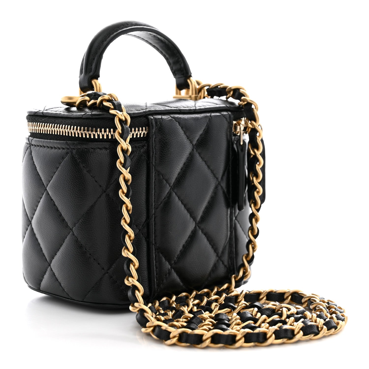Lambskin Quilted Top Handle Mini Vanity Case With Chain Black — view 3