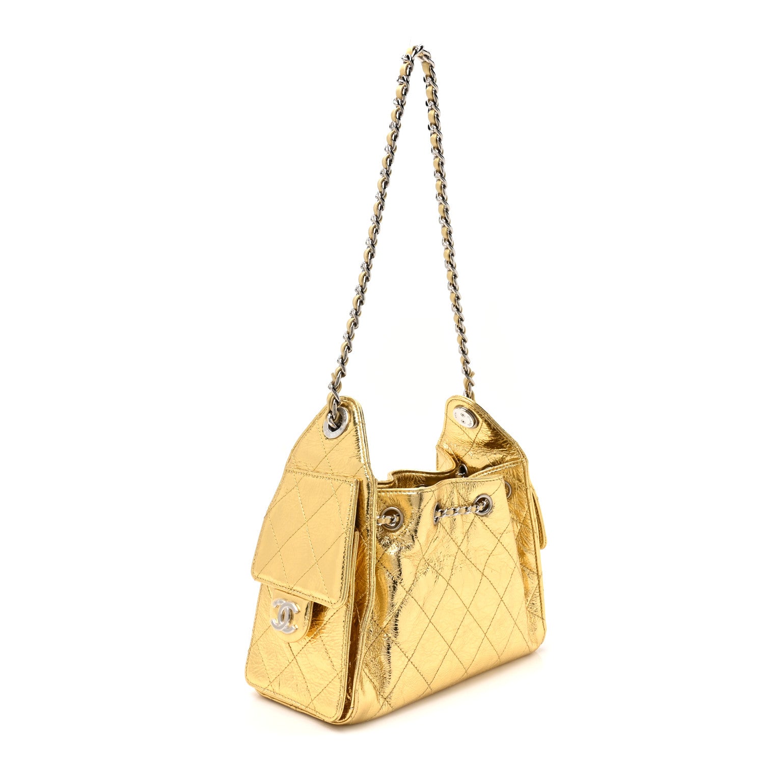 Metallic Aged Calfskin Mini Chanel 25 Handbag Gold — view 3