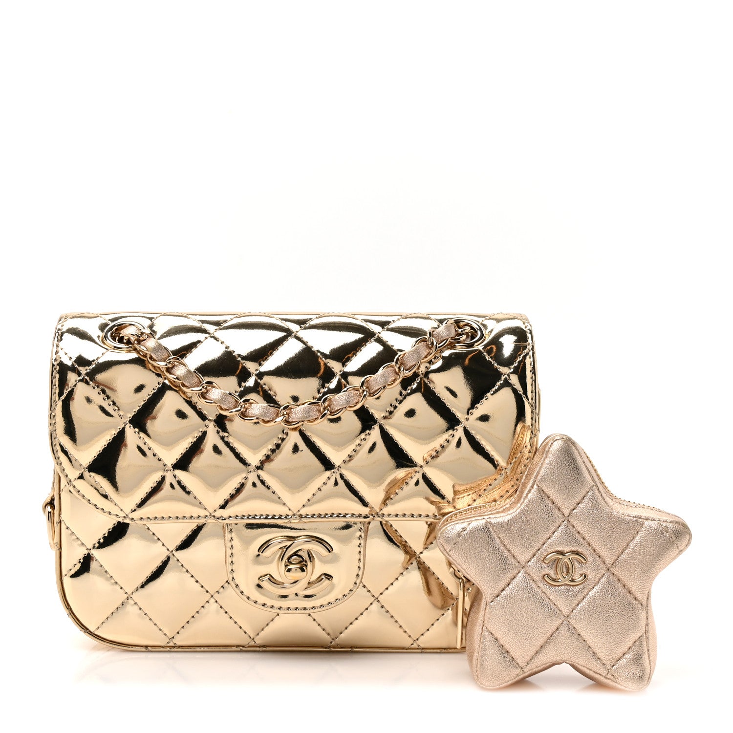 Mirror Calfskin Metallic Calfskin Quilted Hollywood Boulevard Mini Flap With Star Coin Purse Gold — view 3