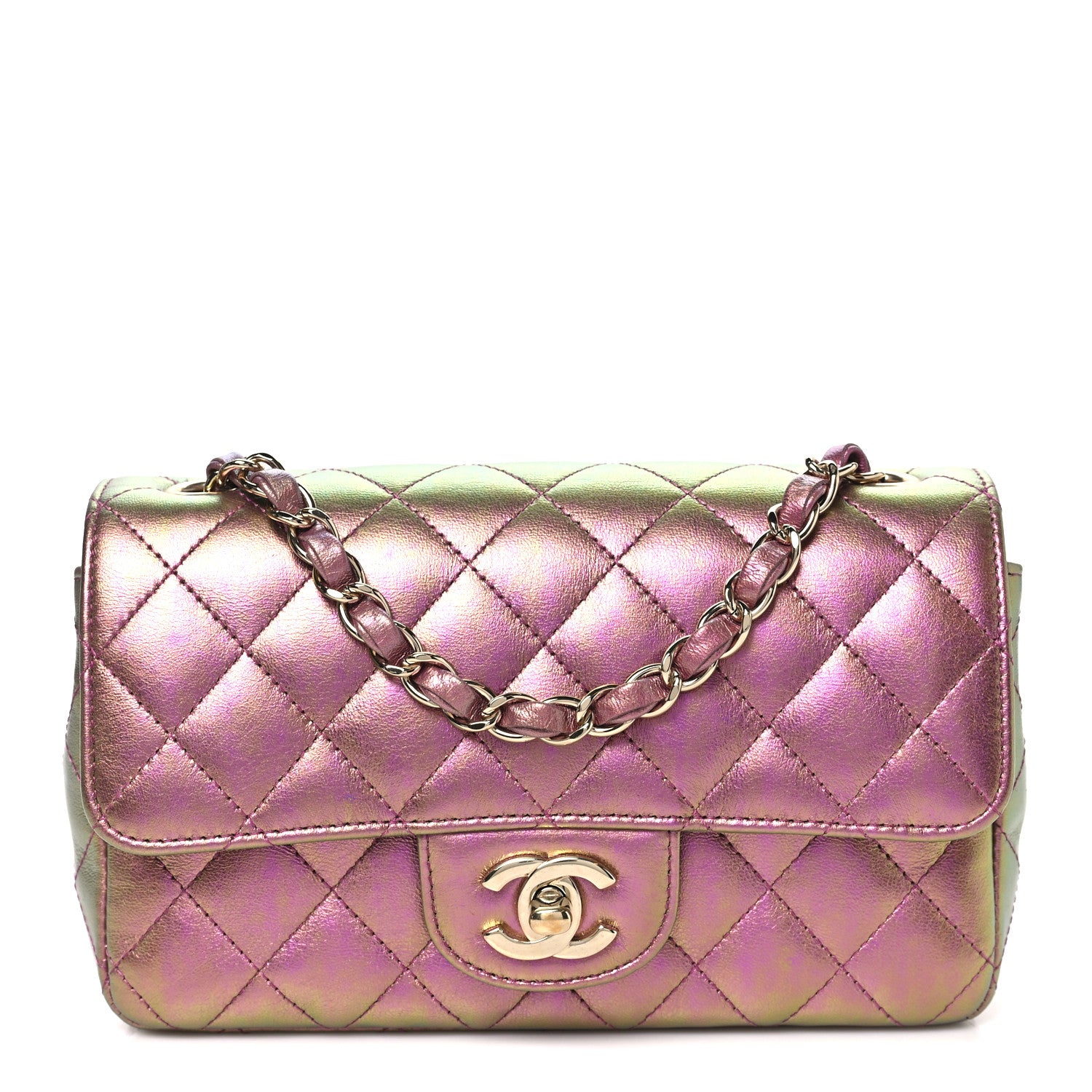 Iridescent Lambskin Quilted Mini Rectangular Flap Purple