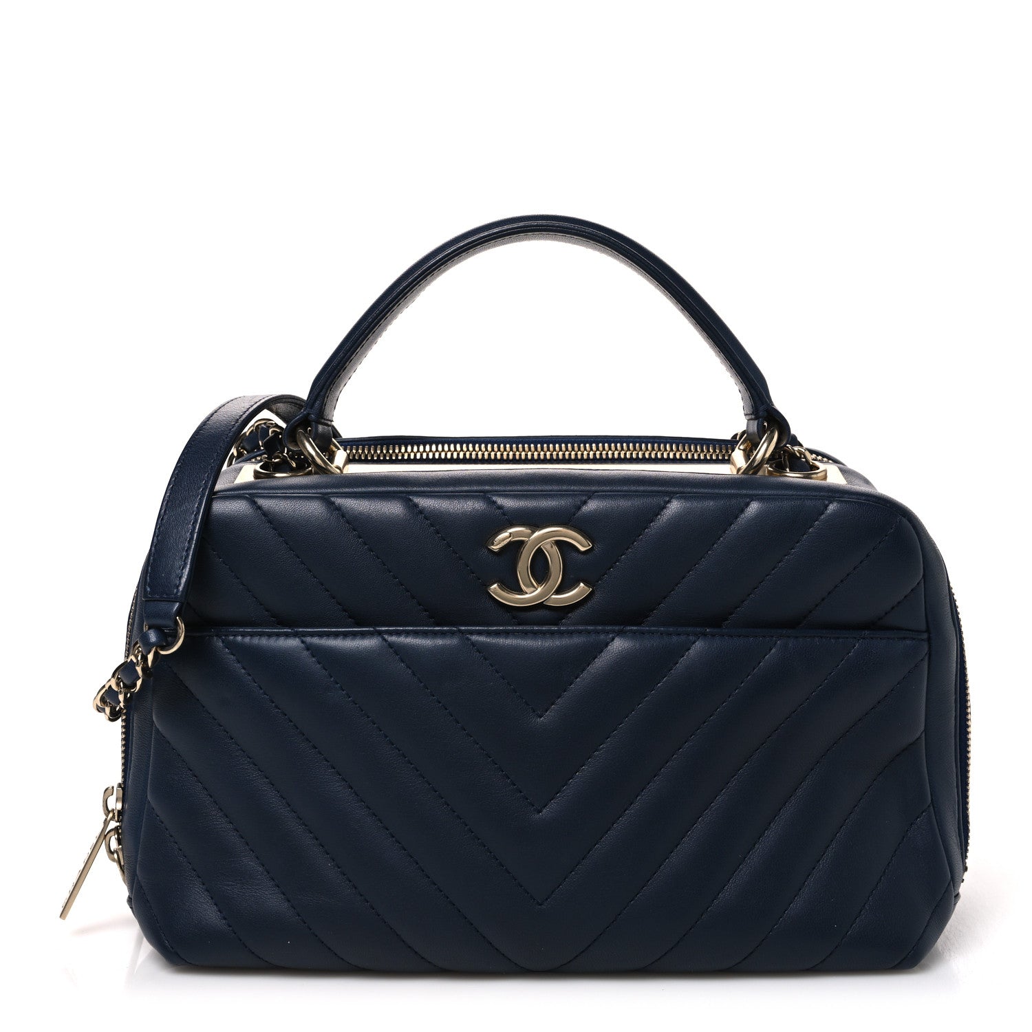 Lambskin Chevron Quilted Small Trendy CC Bowling Bag Navy Blue