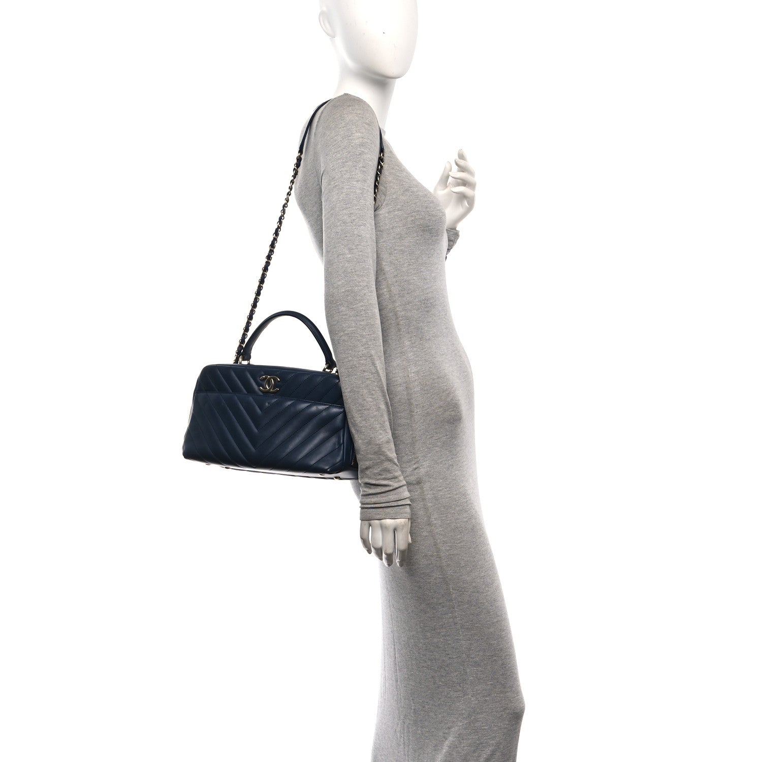 Lambskin Chevron Quilted Small Trendy CC Bowling Bag Navy Blue — view 2