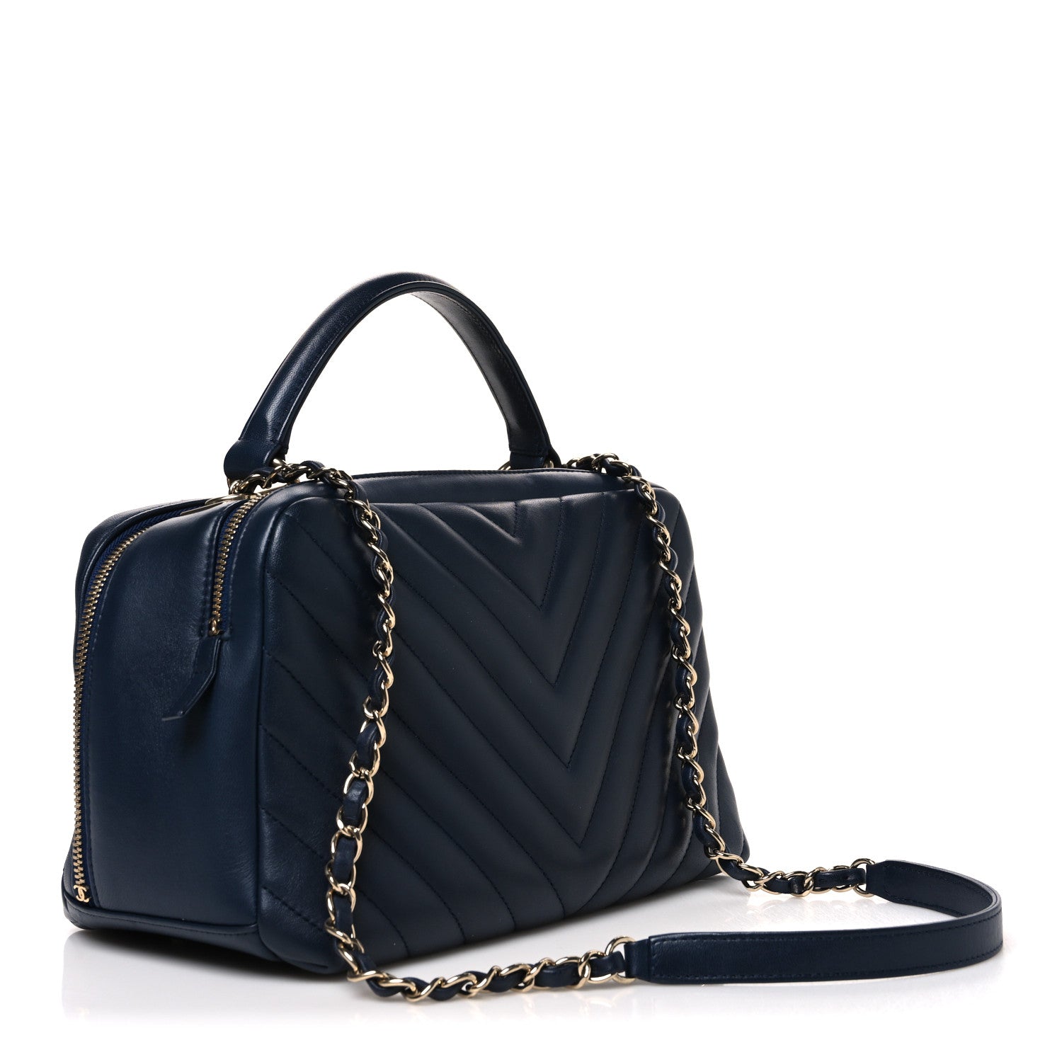 Lambskin Chevron Quilted Small Trendy CC Bowling Bag Navy Blue — view 3