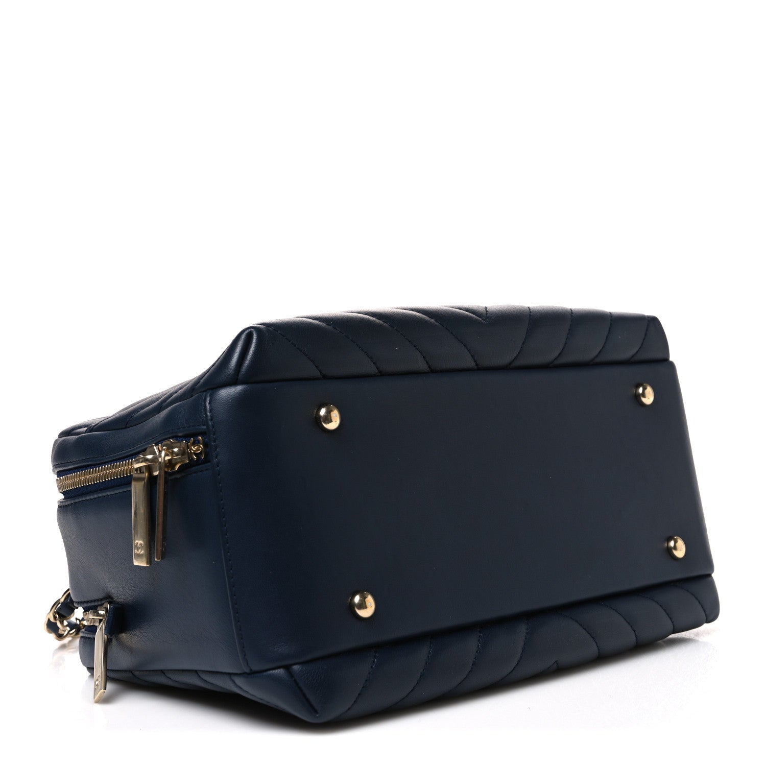 Lambskin Chevron Quilted Small Trendy CC Bowling Bag Navy Blue — view 4