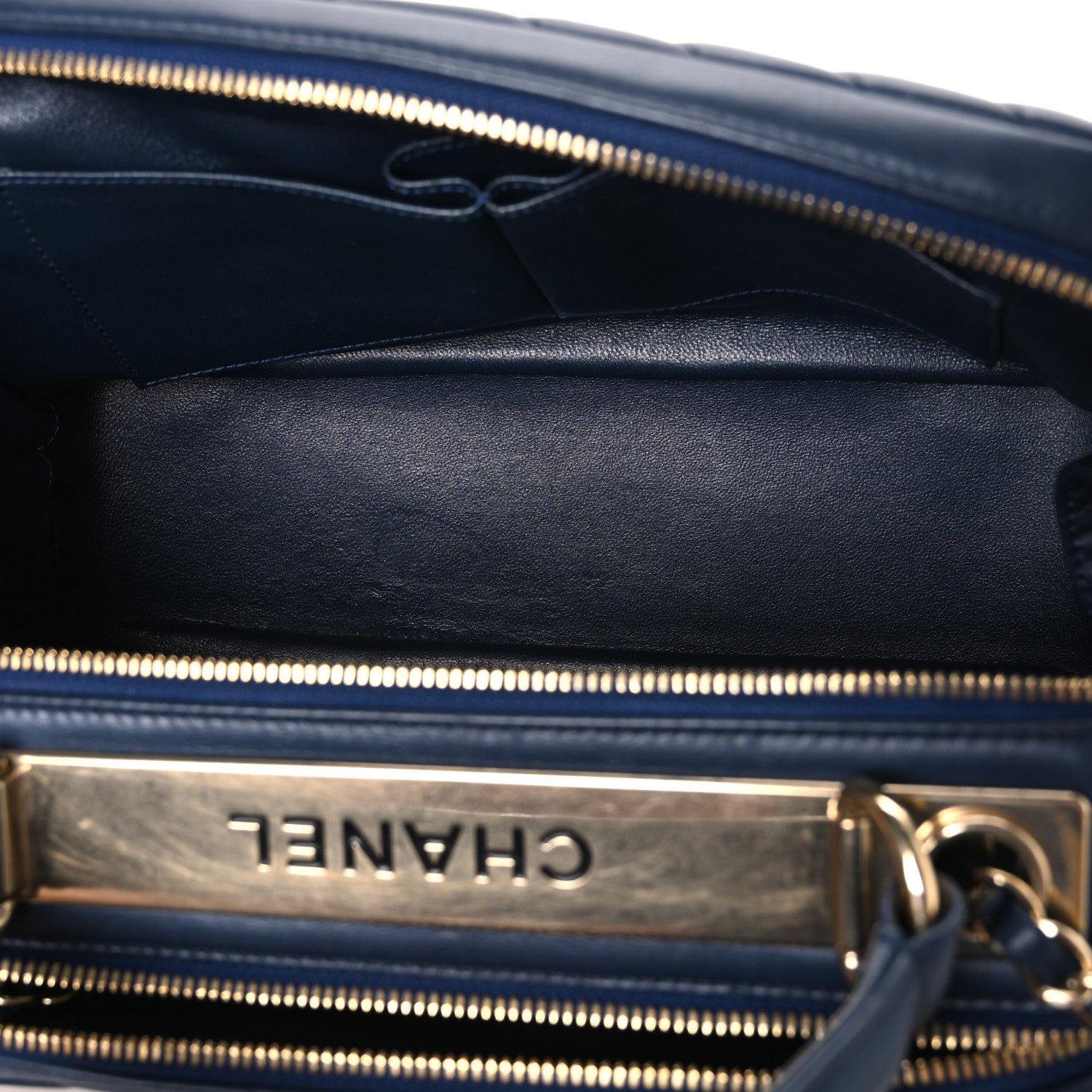 Lambskin Chevron Quilted Small Trendy CC Bowling Bag Navy Blue — view 5