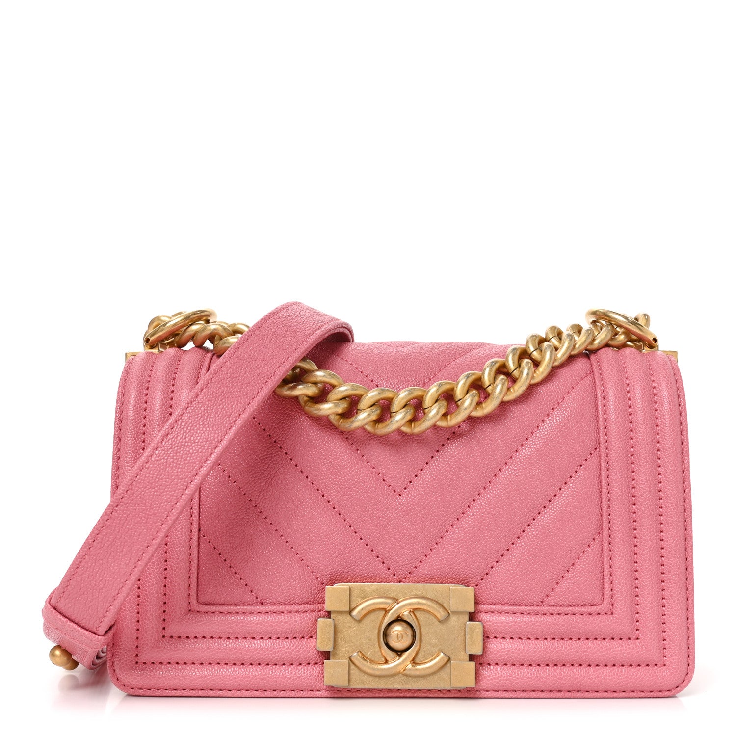 Caviar Chevron Quilted Small Boy Flap Pink