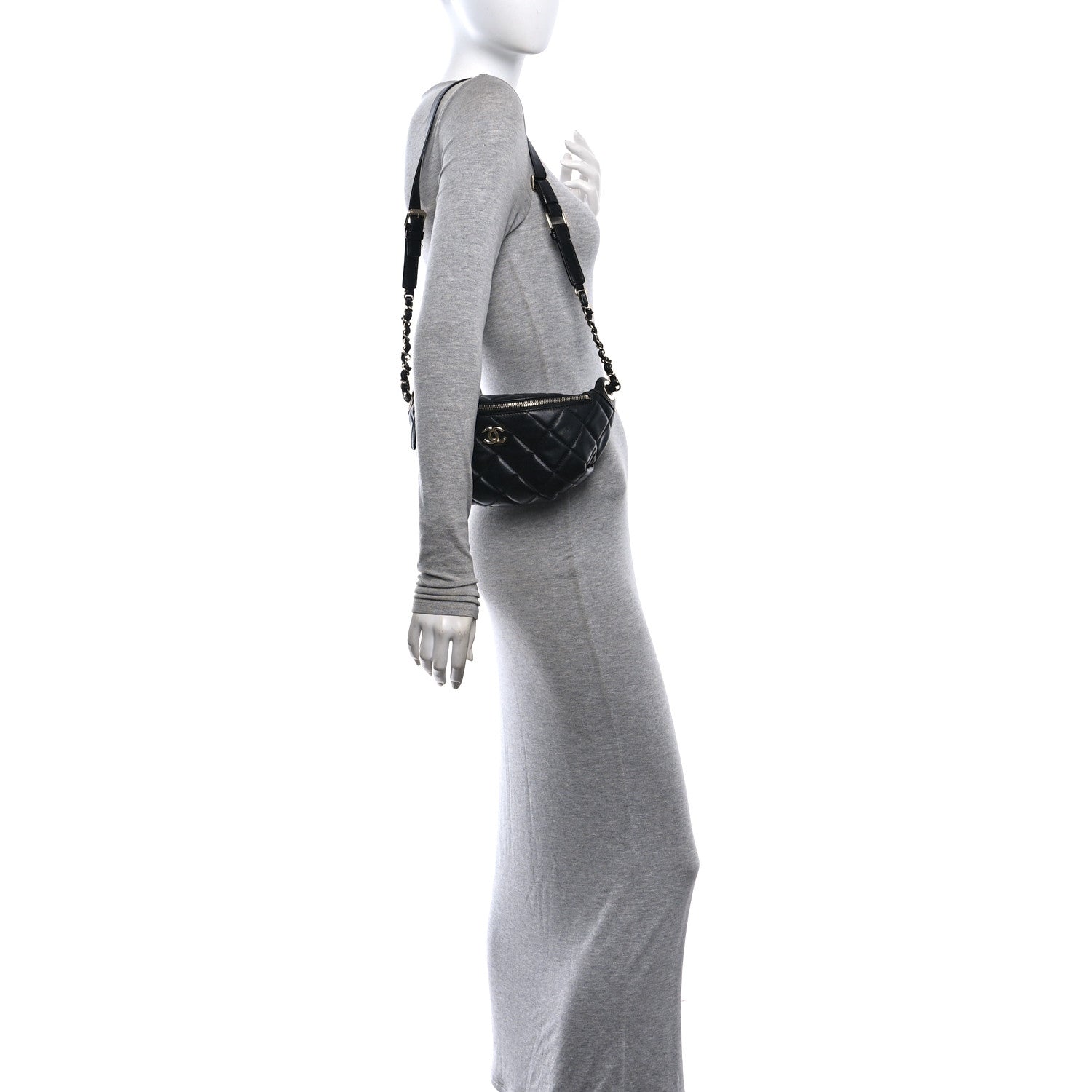 Shiny Lambskin Quilted Belt Bag Black — view 2