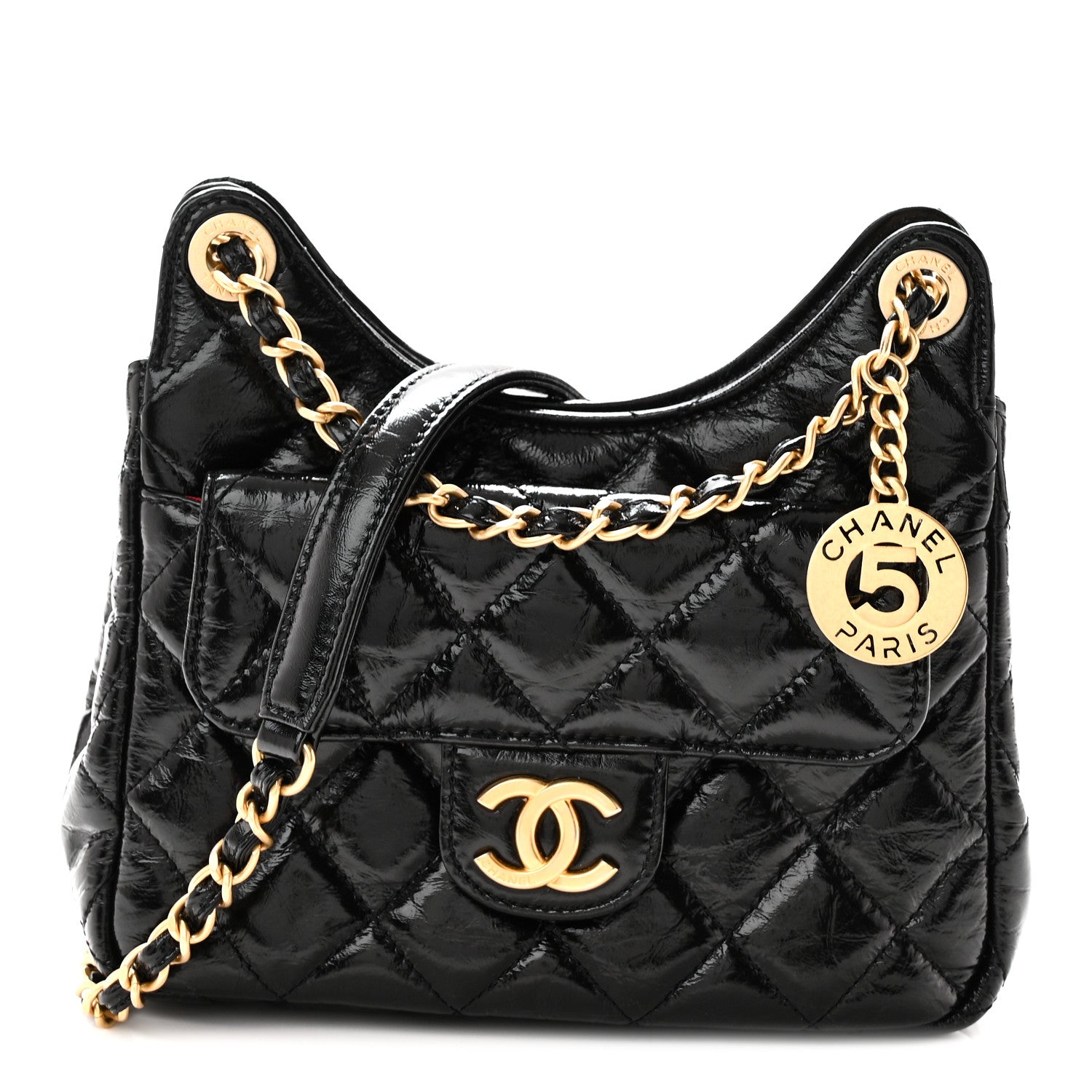 Shiny Crumpled Calfskin Quilted Small Wavy CC Hobo Black