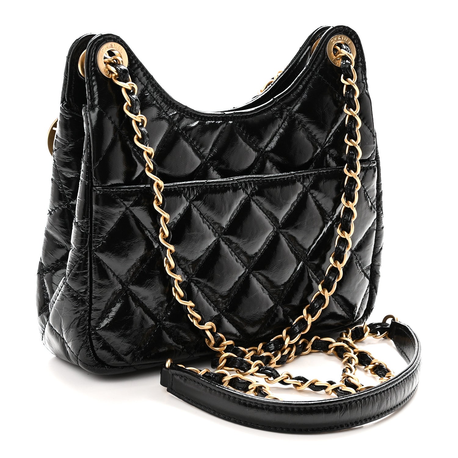Shiny Crumpled Calfskin Quilted Small Wavy CC Hobo Black — view 3