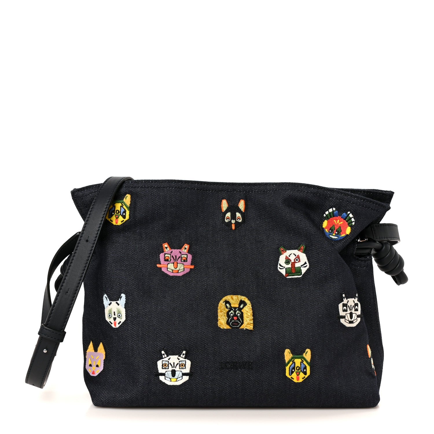 X Louis Wain Denim Embroidered Futurist Cats Medium Flamenco Knot Clutch Blue