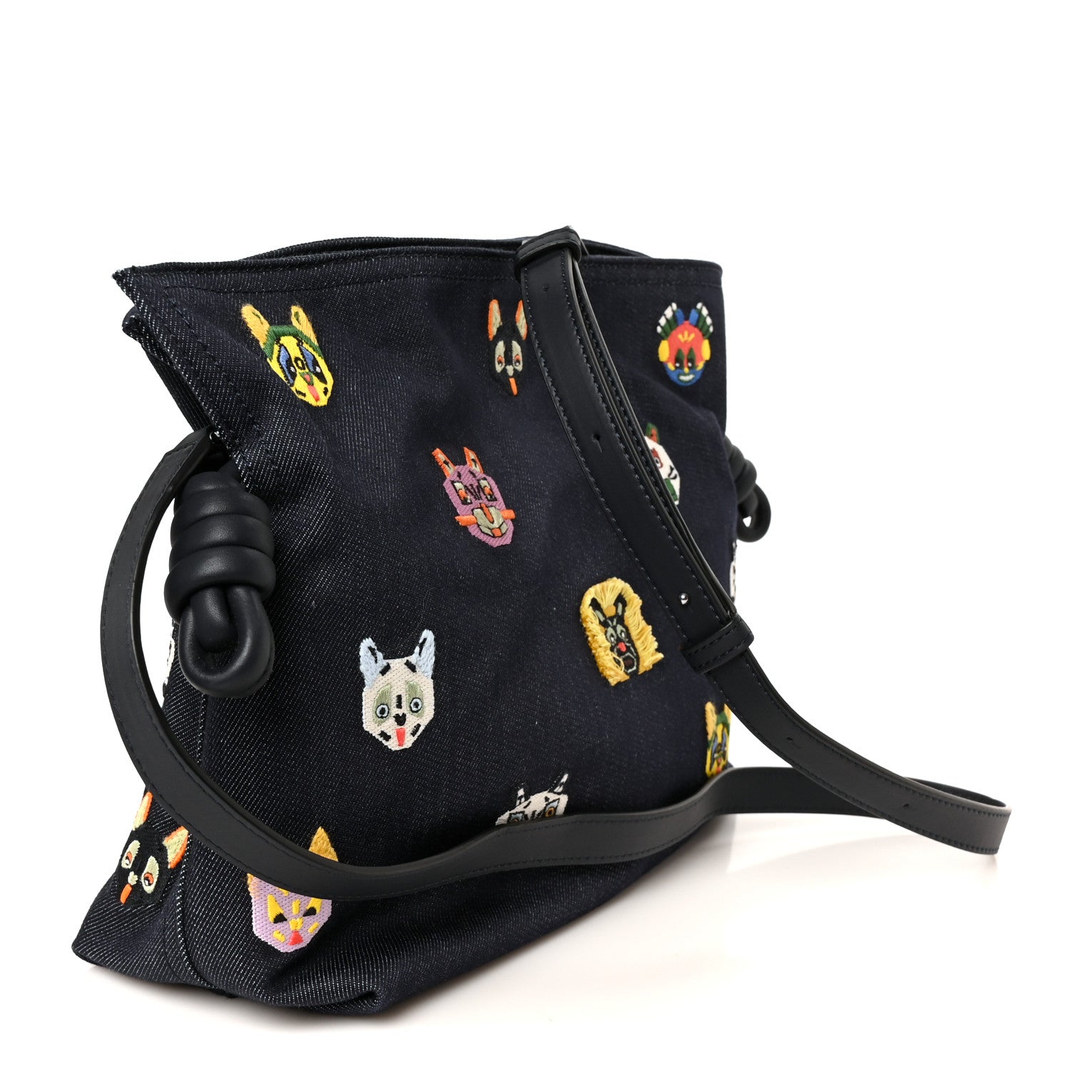 X Louis Wain Denim Embroidered Futurist Cats Medium Flamenco Knot Clutch Blue — view 3