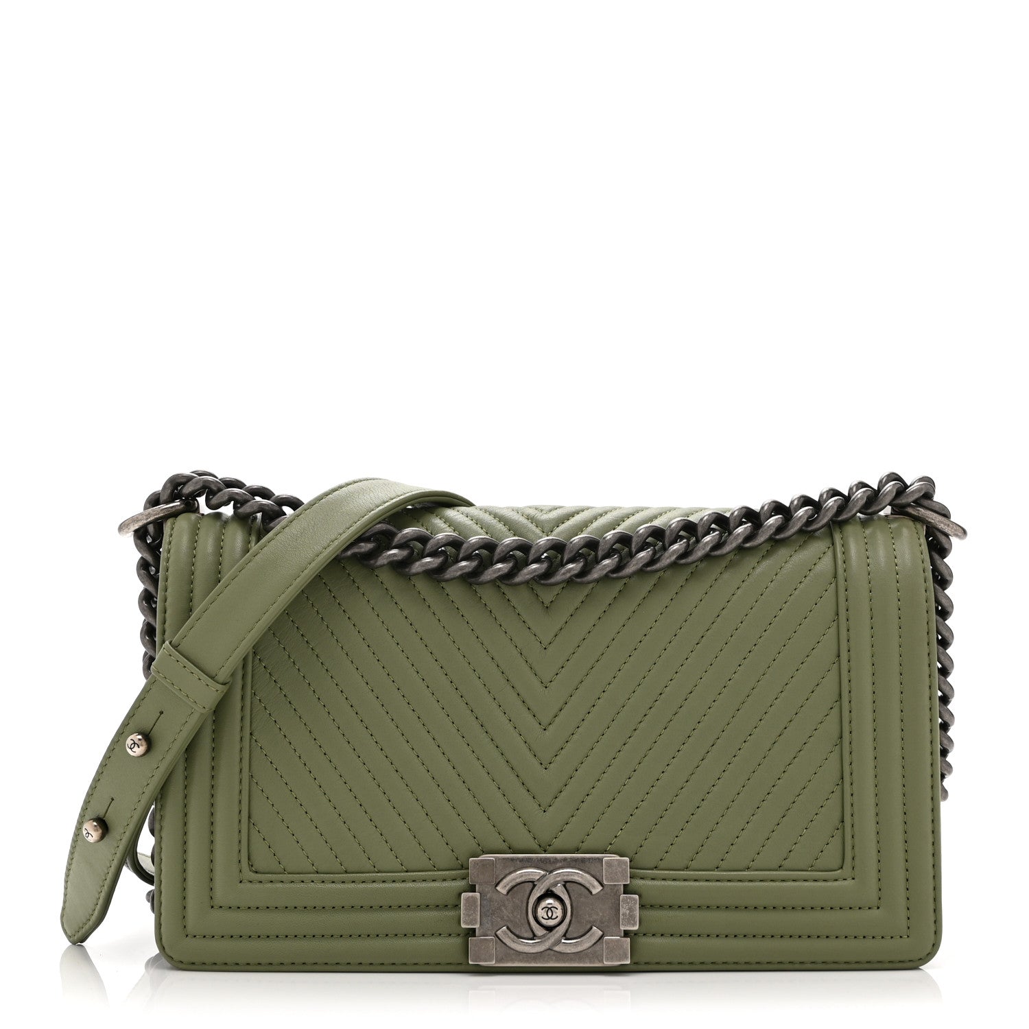 Calfskin Chevron Quilted Medium Boy Flap Green