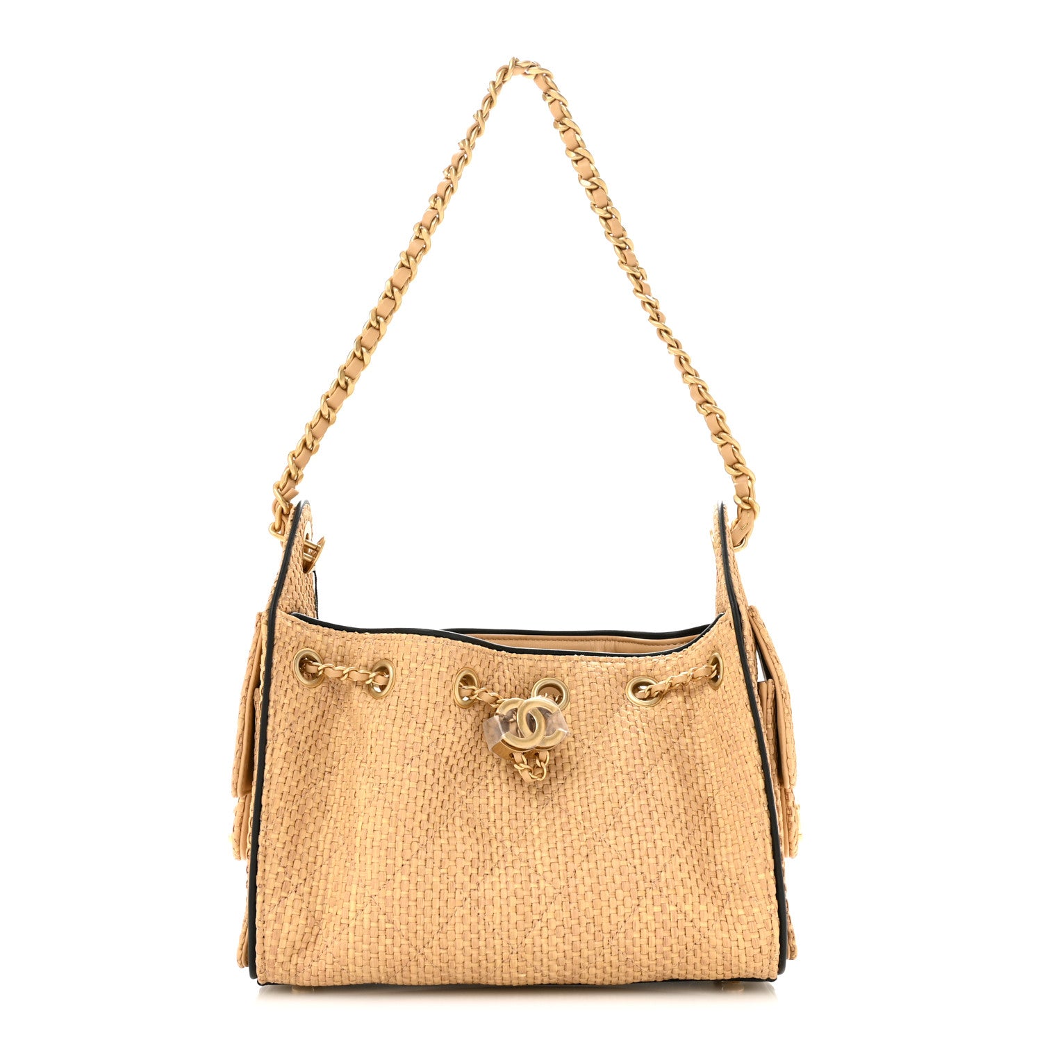 Braided Raffia Calfskin Quilted Mini Chanel 25 Handbag Beige Black