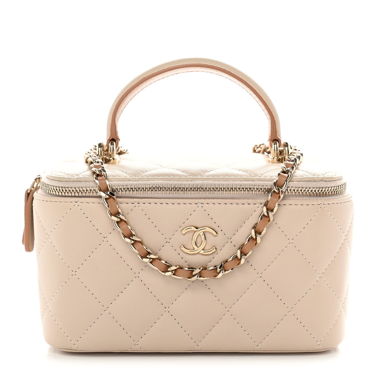 Lambskin Quilted Small Top Handle Vanity Case With Chain Ecru Dark Beige
