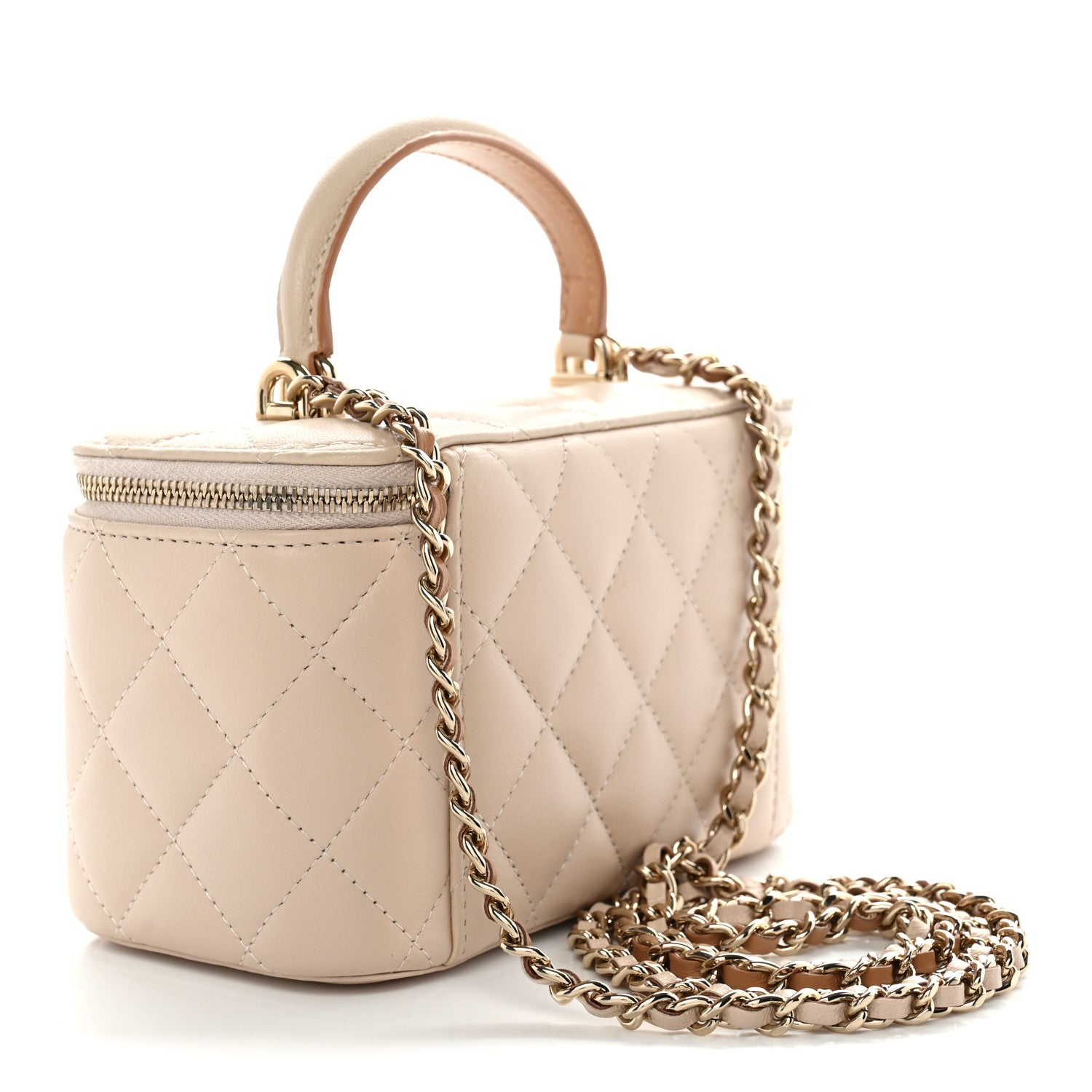 Lambskin Quilted Small Top Handle Vanity Case With Chain Ecru Dark Beige — view 3