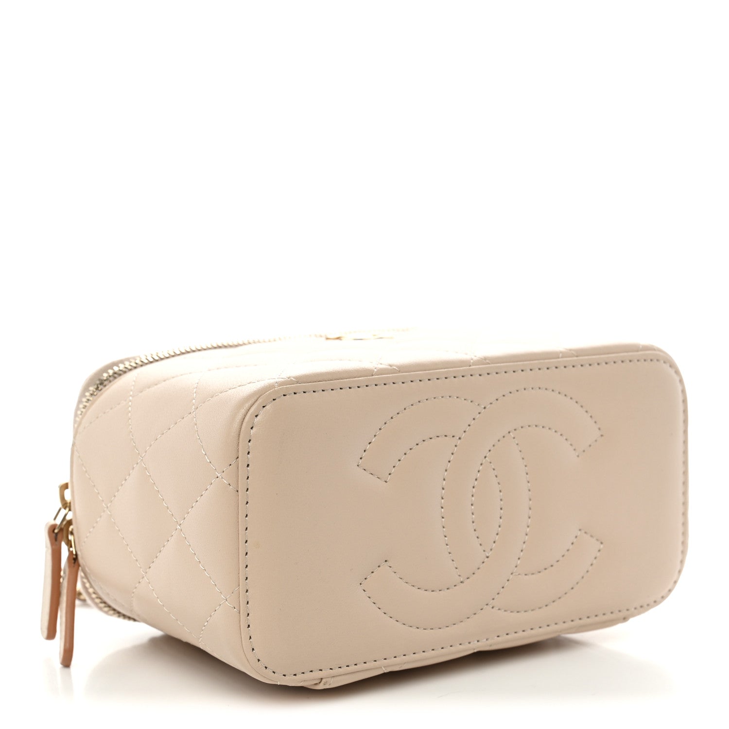 Lambskin Quilted Small Top Handle Vanity Case With Chain Ecru Dark Beige — view 4