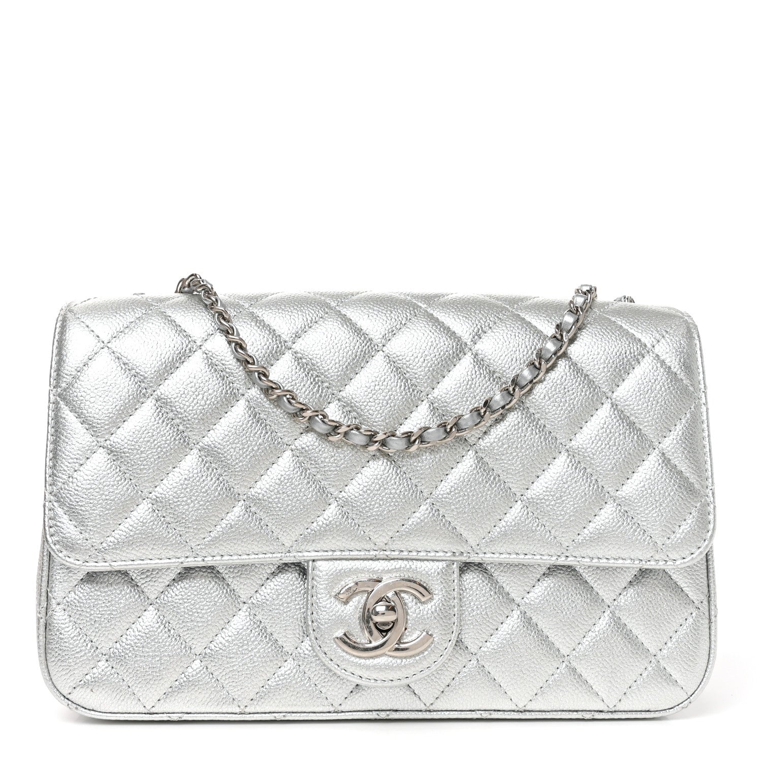 Metallic Caviar Quilted Medium CC Slide Flap Silver Silver