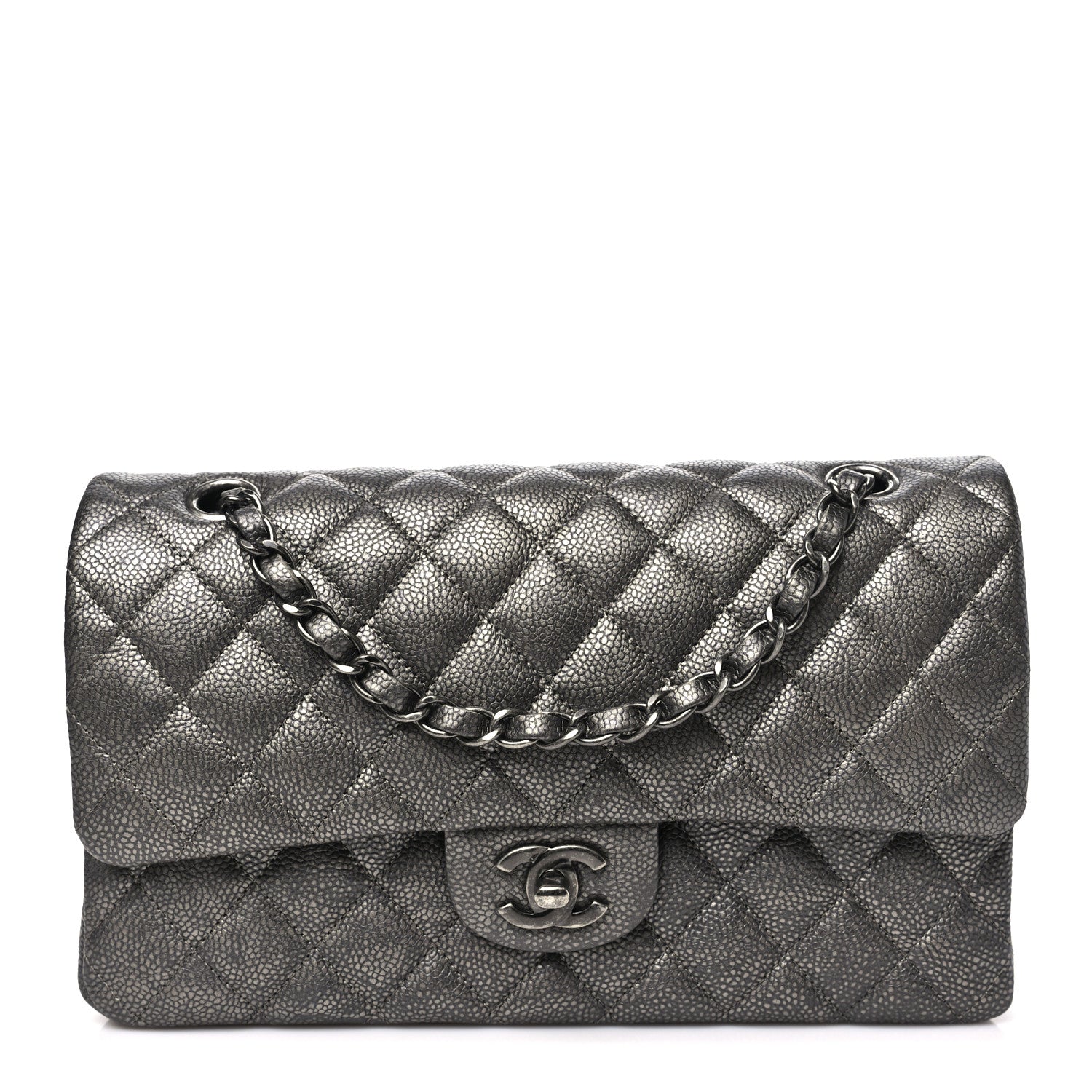 Metallic Caviar Quilted Medium Double Flap Dark Grey