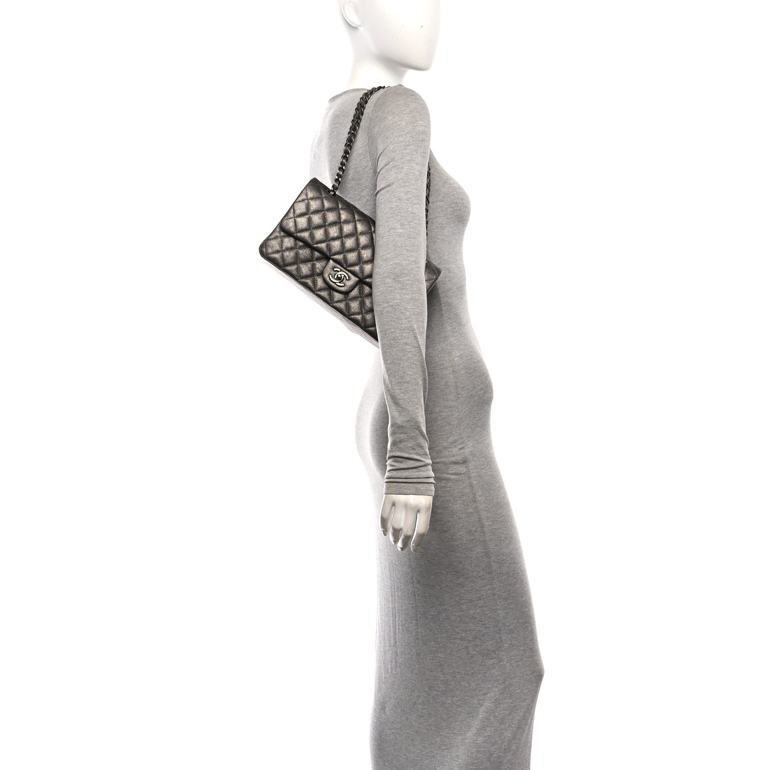 Metallic Caviar Quilted Medium Double Flap Dark Grey — view 2