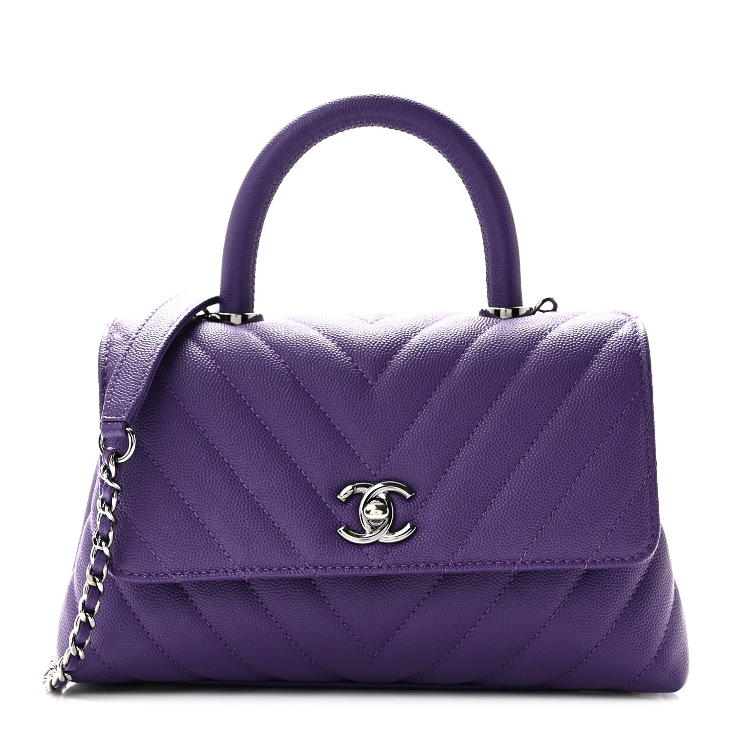 Caviar Chevron Quilted Mini Coco Handle Flap Purple
