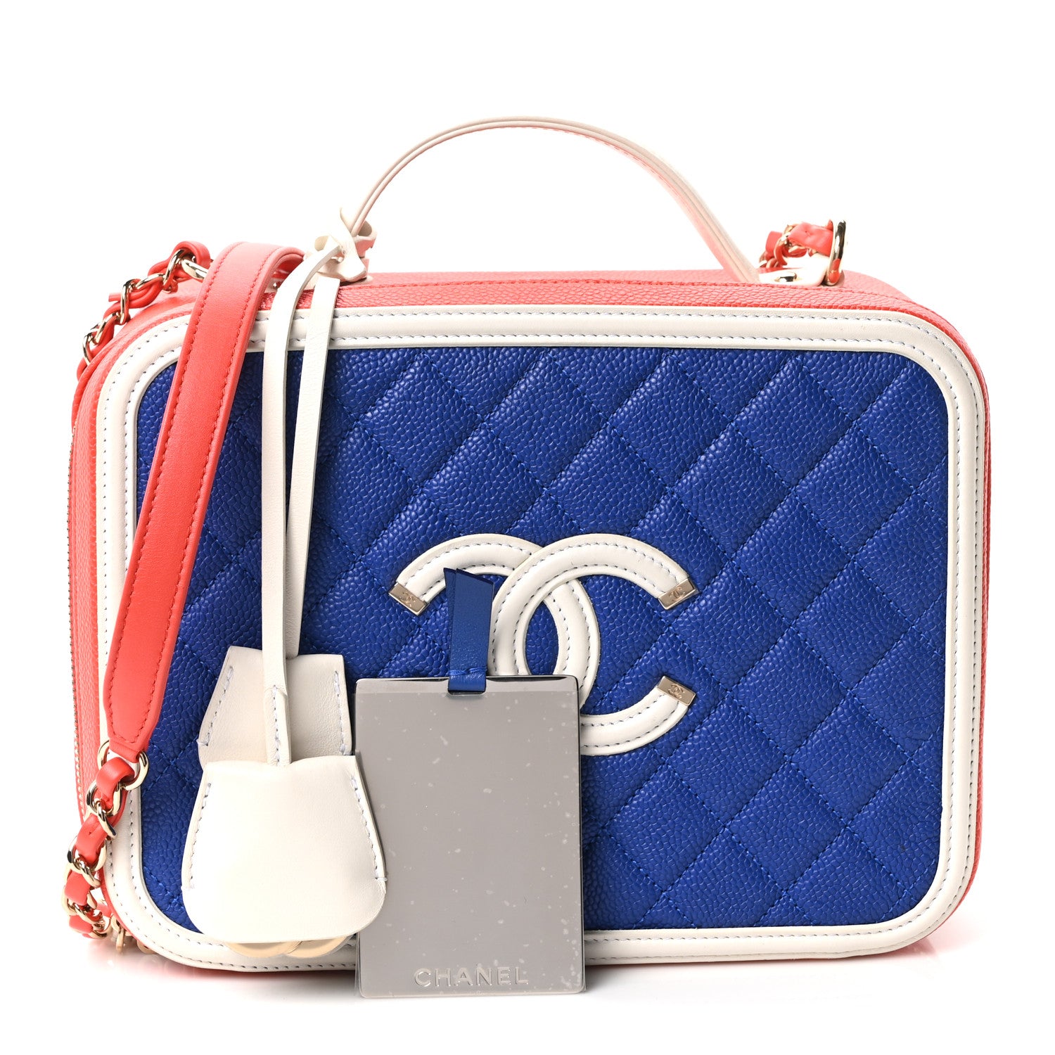Caviar Quilted Large CC Filigree Vanity Case Blue White Red — view 3