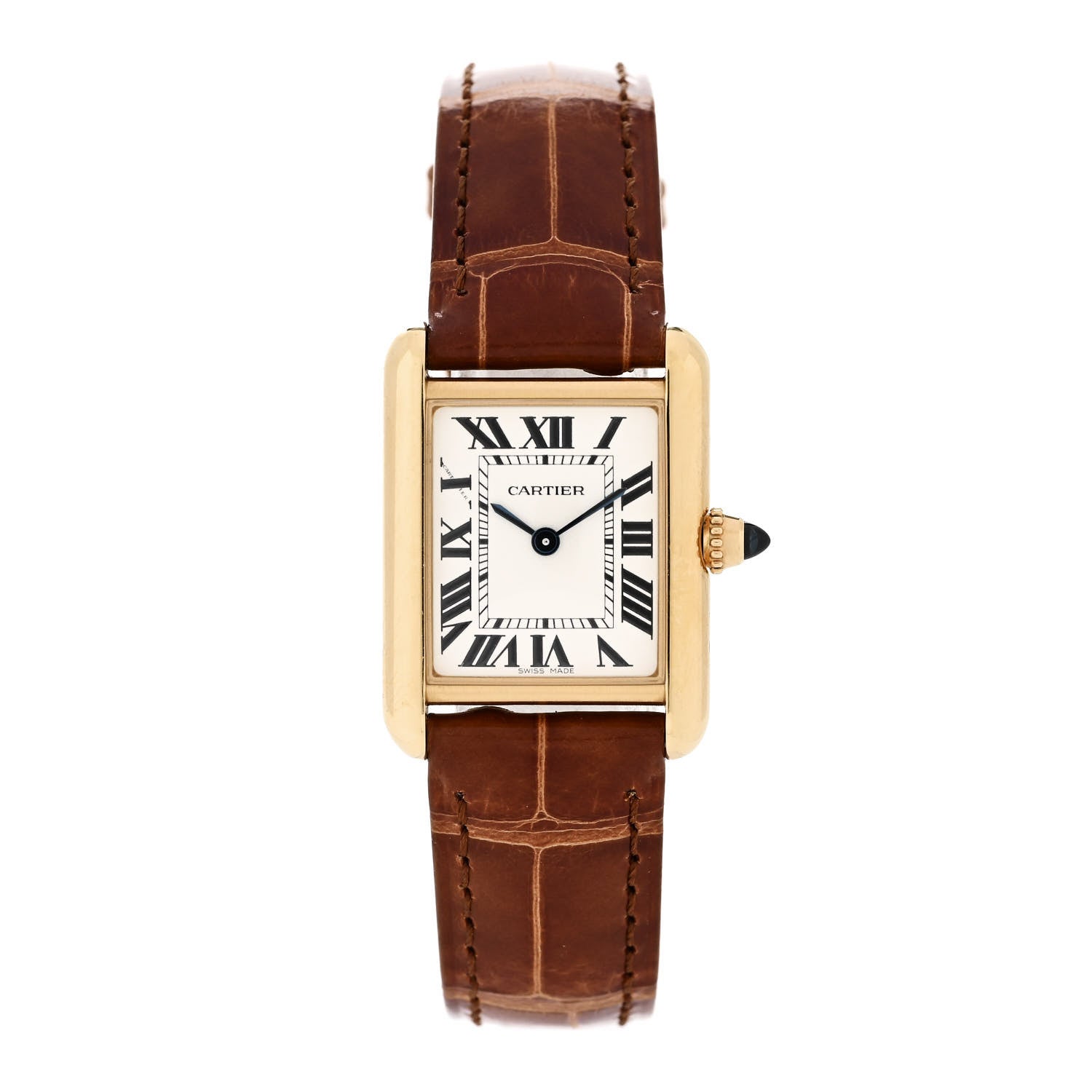 18K Yellow Gold Alligator 22mm Tank Louis Quartz Watch Brown