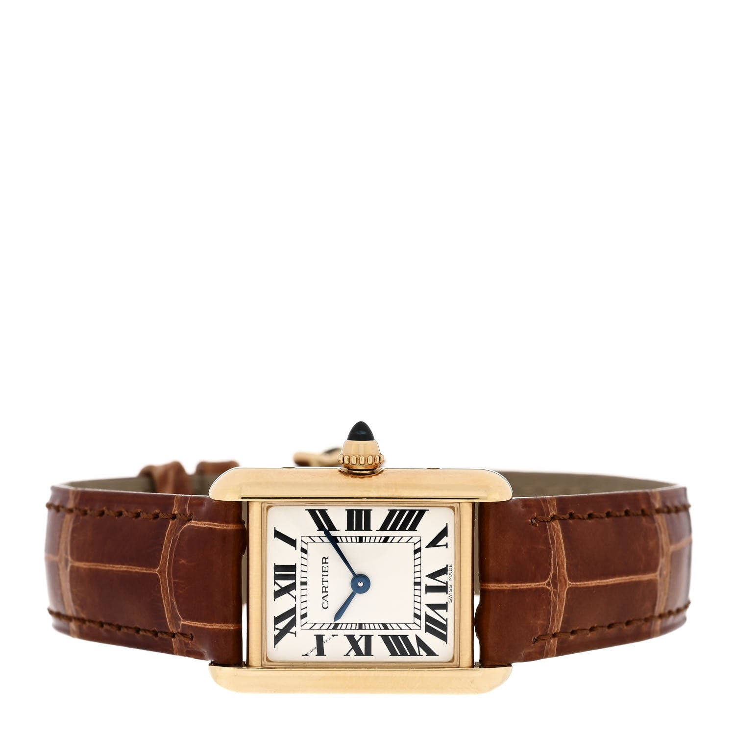 18K Yellow Gold Alligator 22mm Tank Louis Quartz Watch Brown — view 2