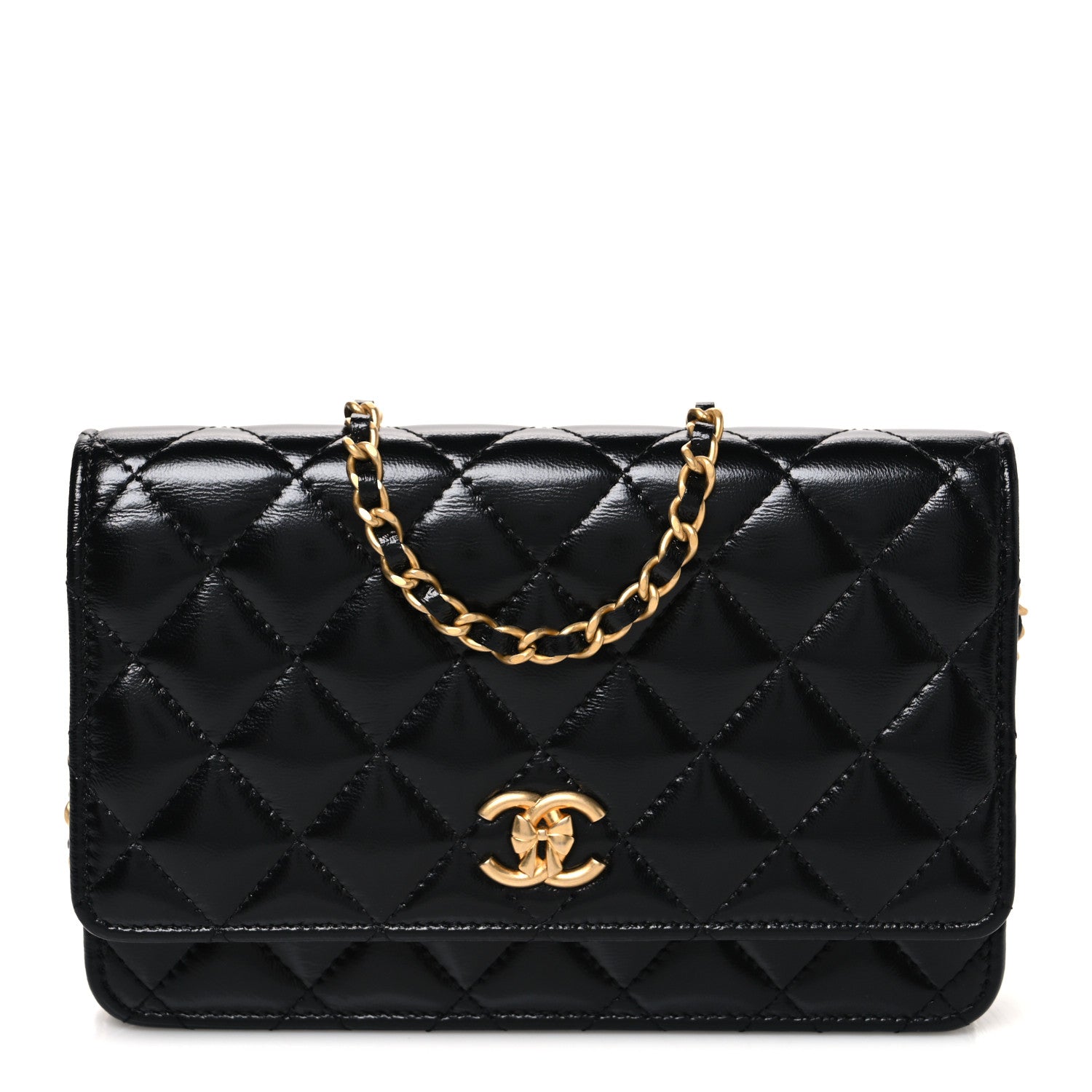 Shiny Lambskin Quilted CC Bow Wallet on Chain WOC Black