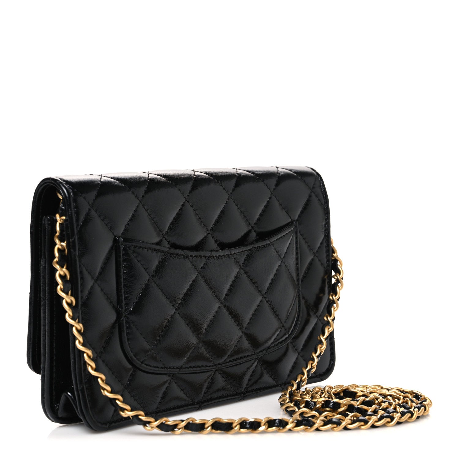 Shiny Lambskin Quilted CC Bow Wallet on Chain WOC Black — view 3