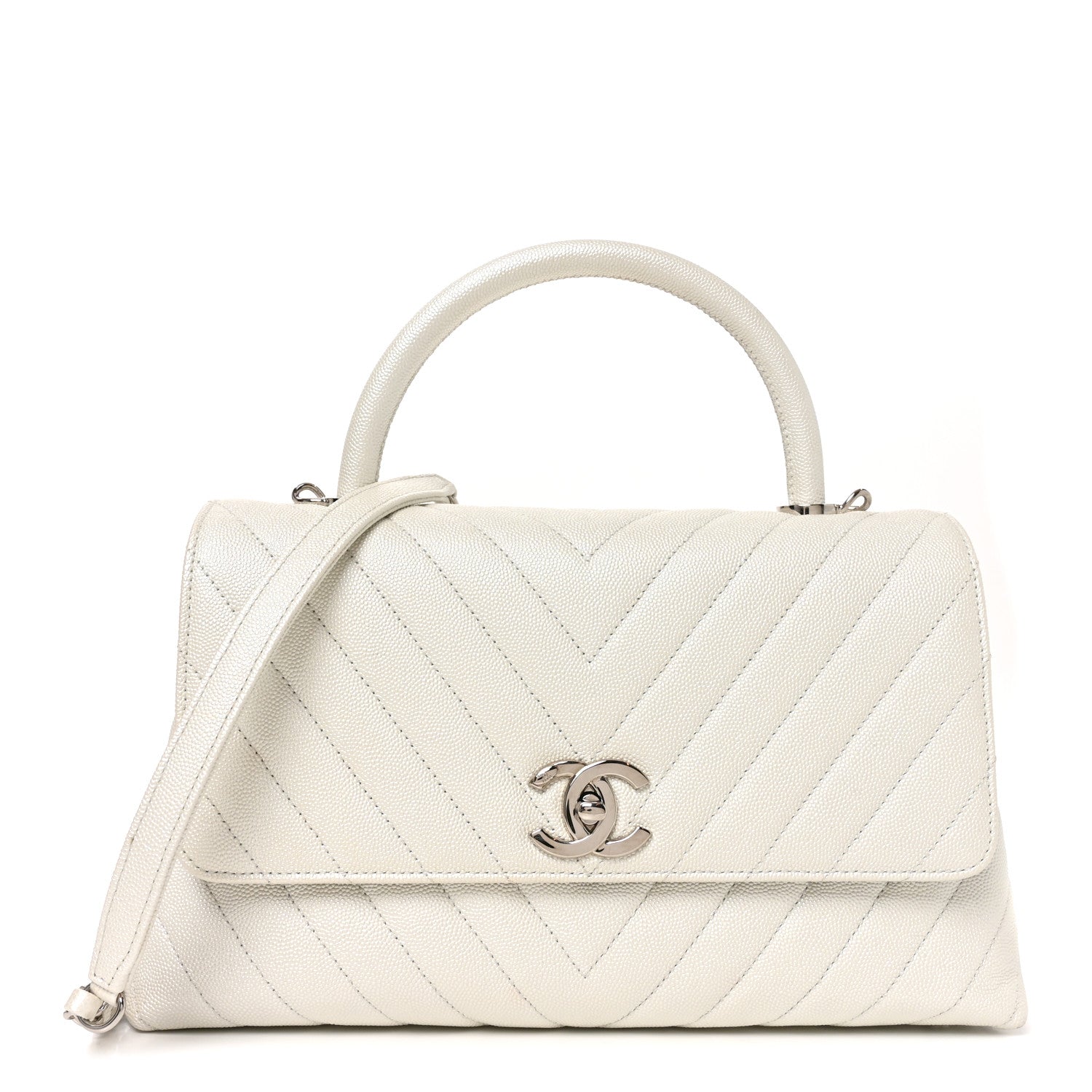 Iridescent Caviar Chevron Quilted Small Coco Handle Flap White