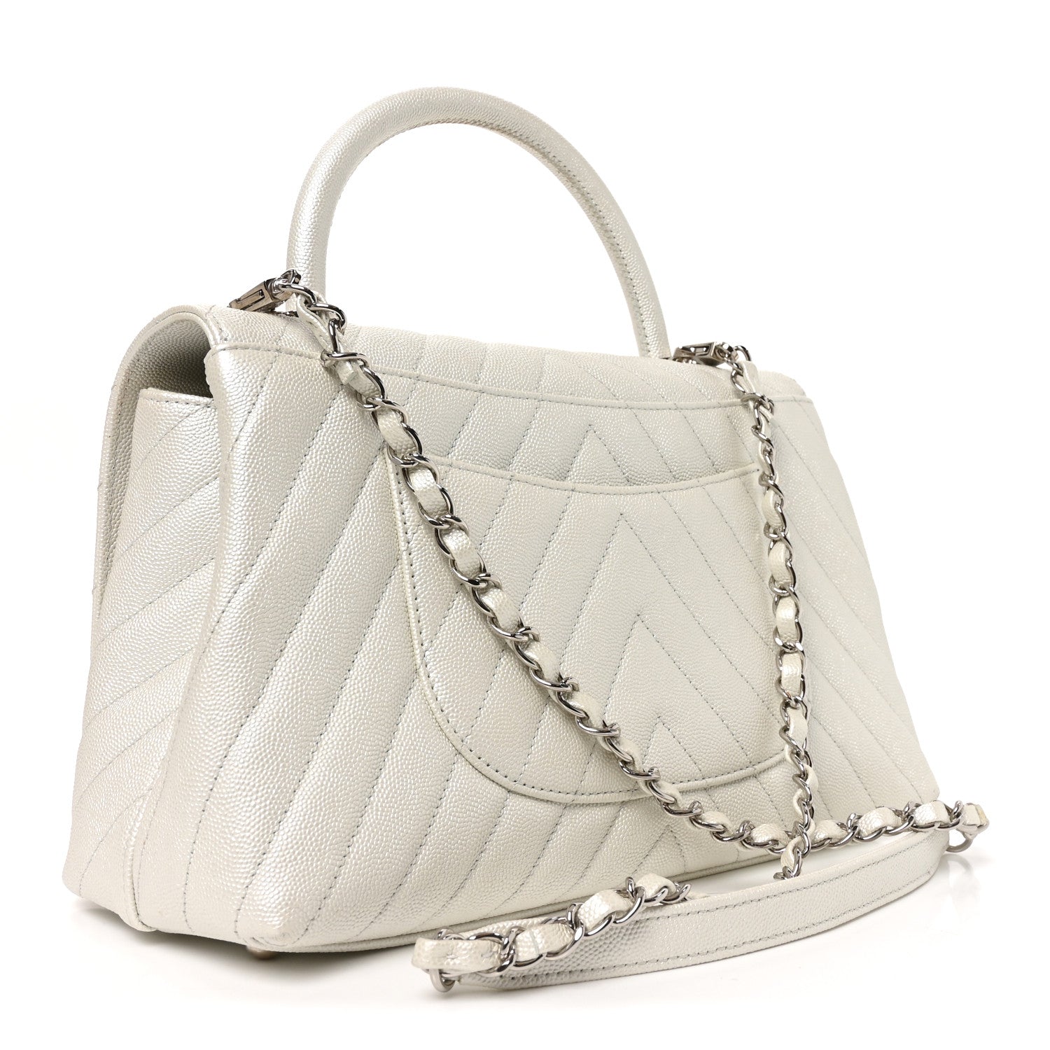 Iridescent Caviar Chevron Quilted Small Coco Handle Flap White — view 3