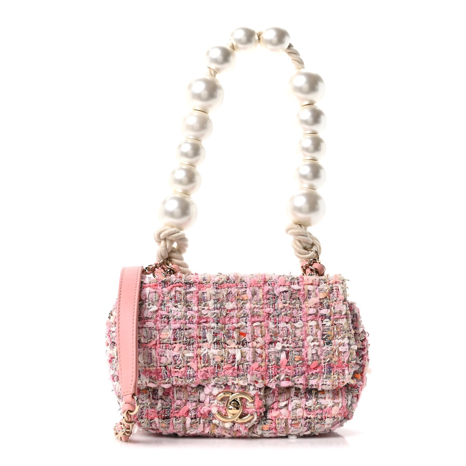 Tweed Mini Pearl Handle Flap Pink Beige Orange Ecru — view 1