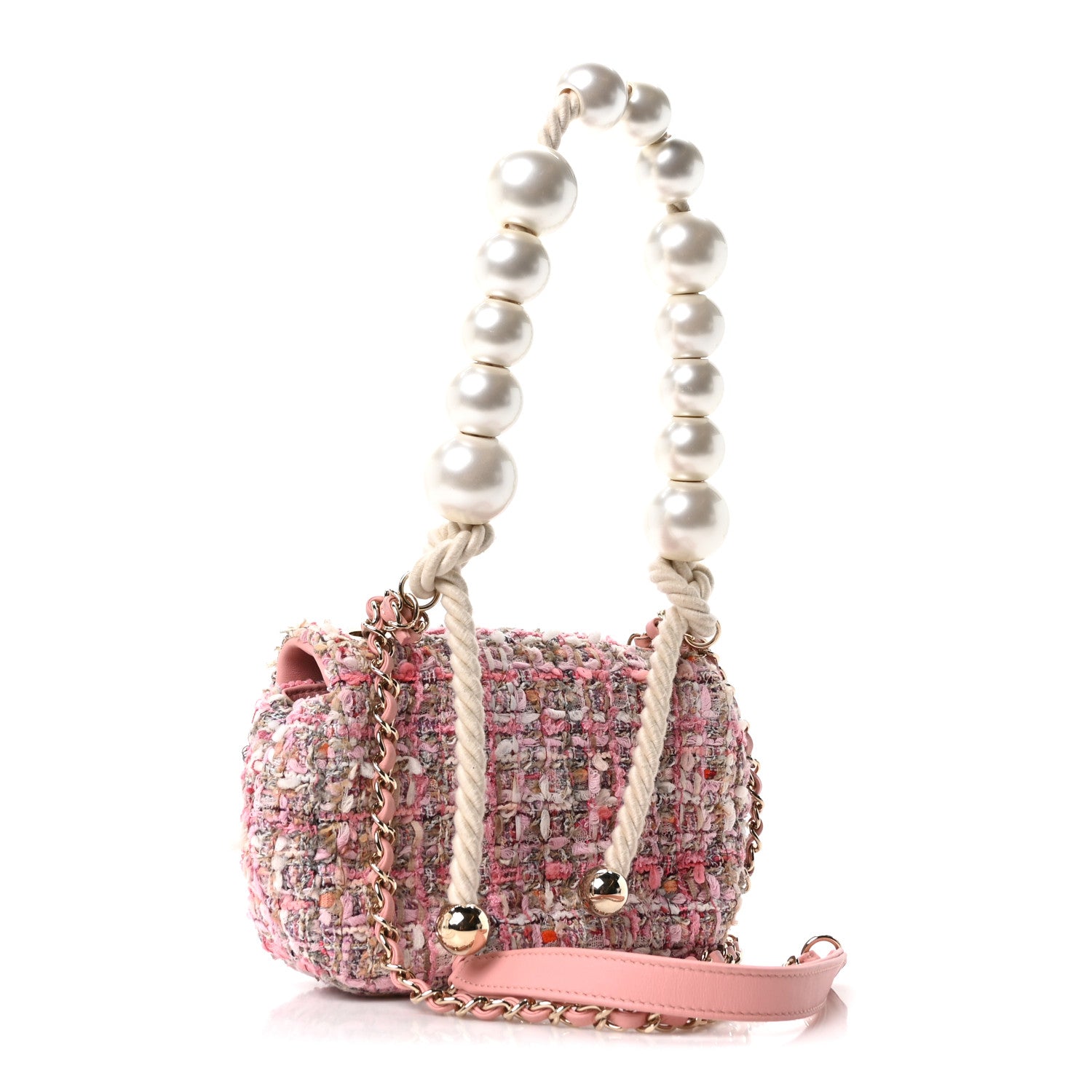 Tweed Mini Pearl Handle Flap Pink Beige Orange Ecru — view 3