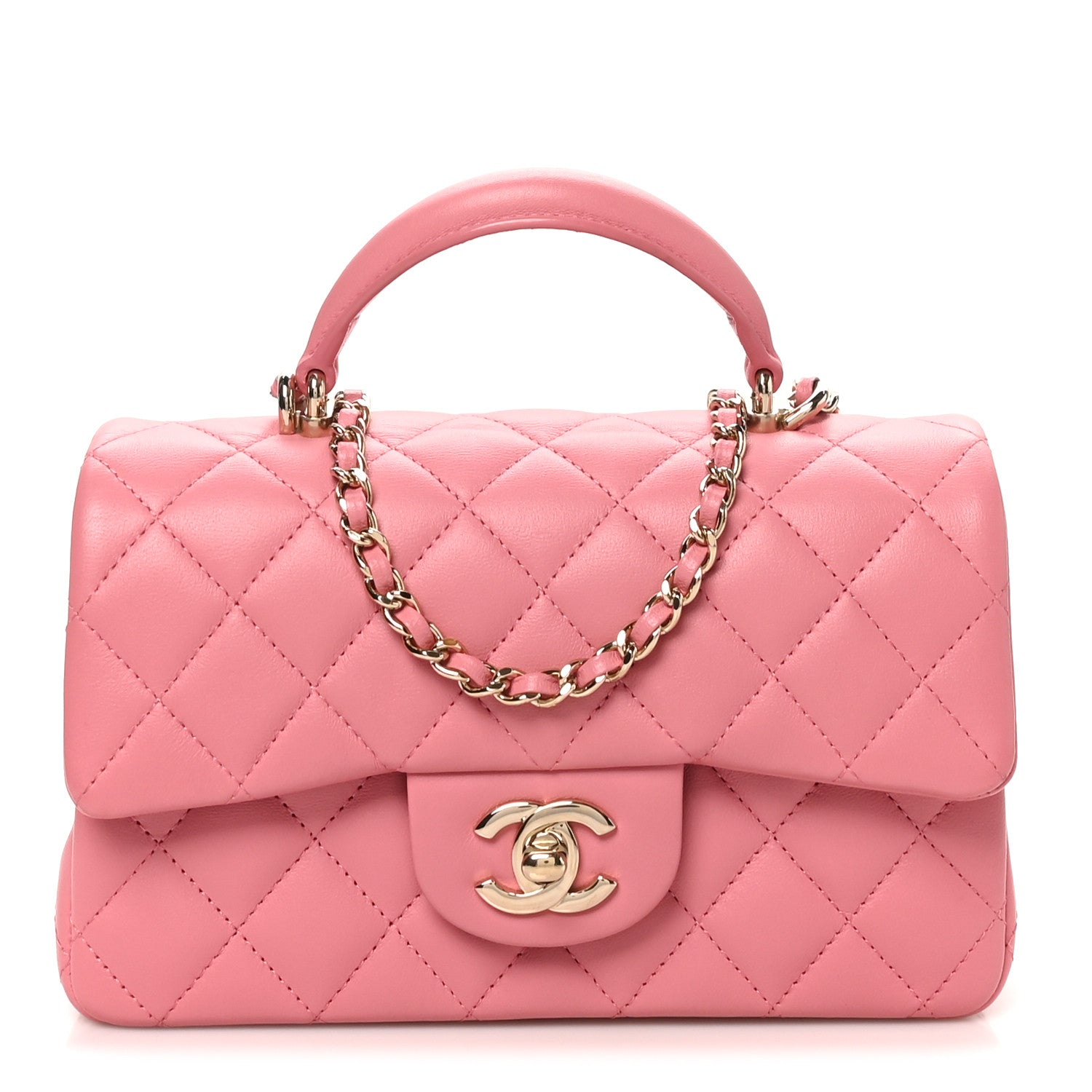 Lambskin Quilted Mini Top Handle Rectangular Flap Pink