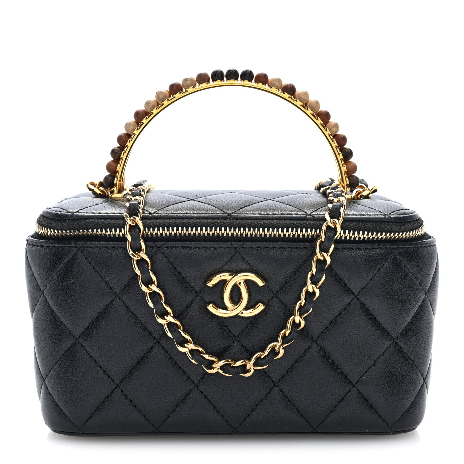 Shiny Lambskin Quilted Small Metal Wood Top Handle Vanity Case With Chain Black