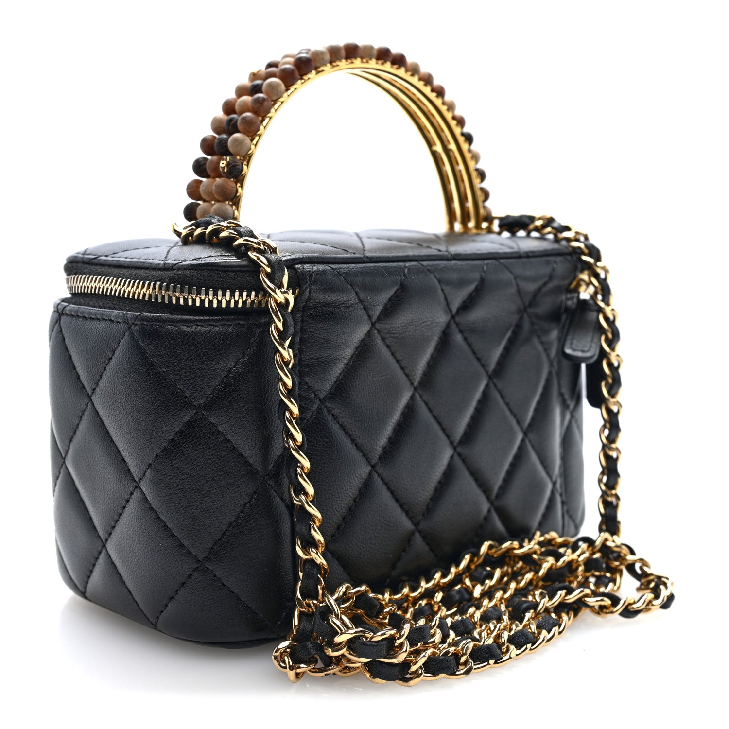 Shiny Lambskin Quilted Small Metal Wood Top Handle Vanity Case With Chain Black — view 3