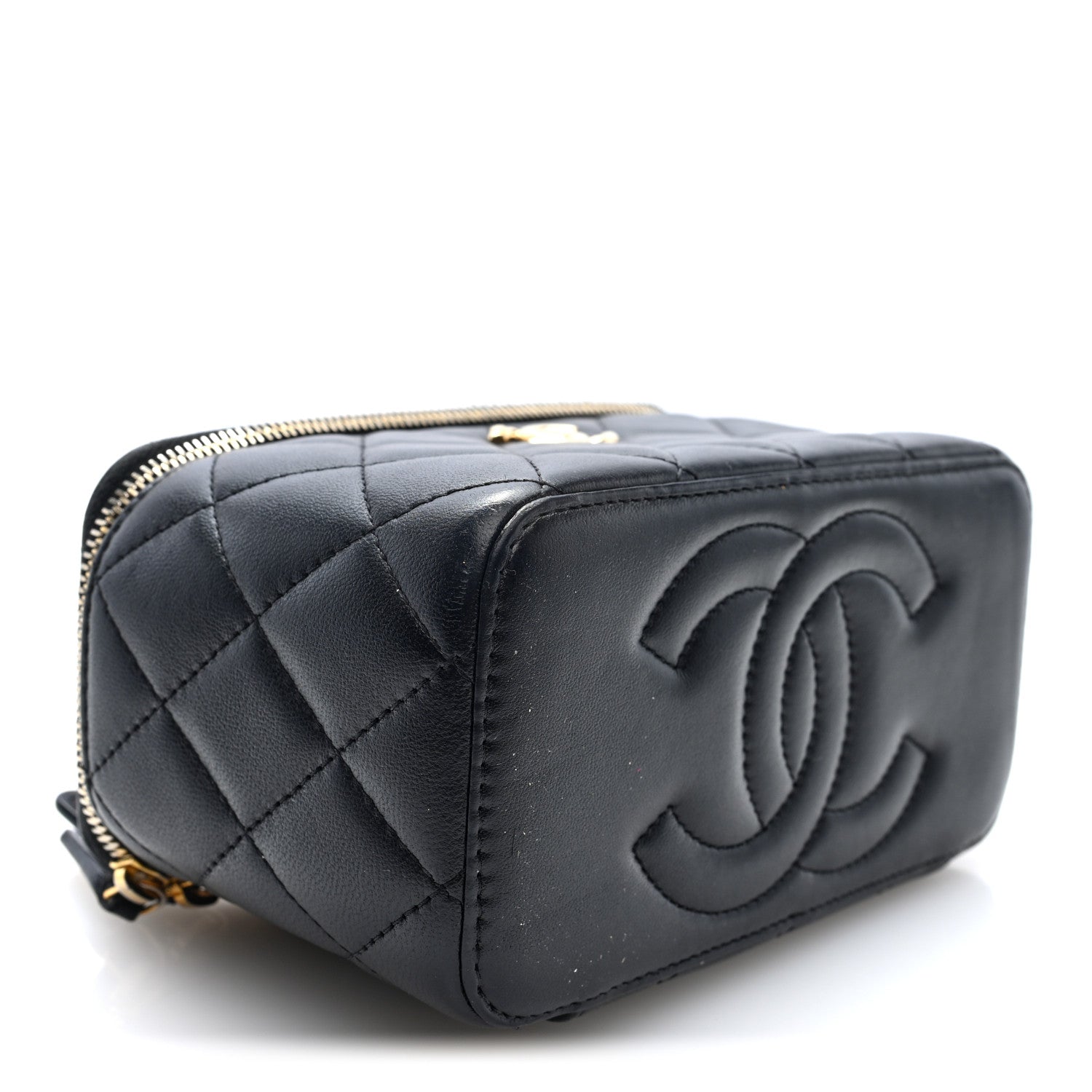 Shiny Lambskin Quilted Small Metal Wood Top Handle Vanity Case With Chain Black — view 4